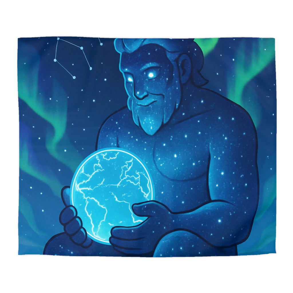 Housse de couette cosmique avec géant céleste tenant une planète lumineuse bleue