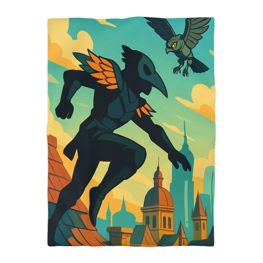 Housse de couette artistique avec silhouette et oiseau sur un toit urbain animé