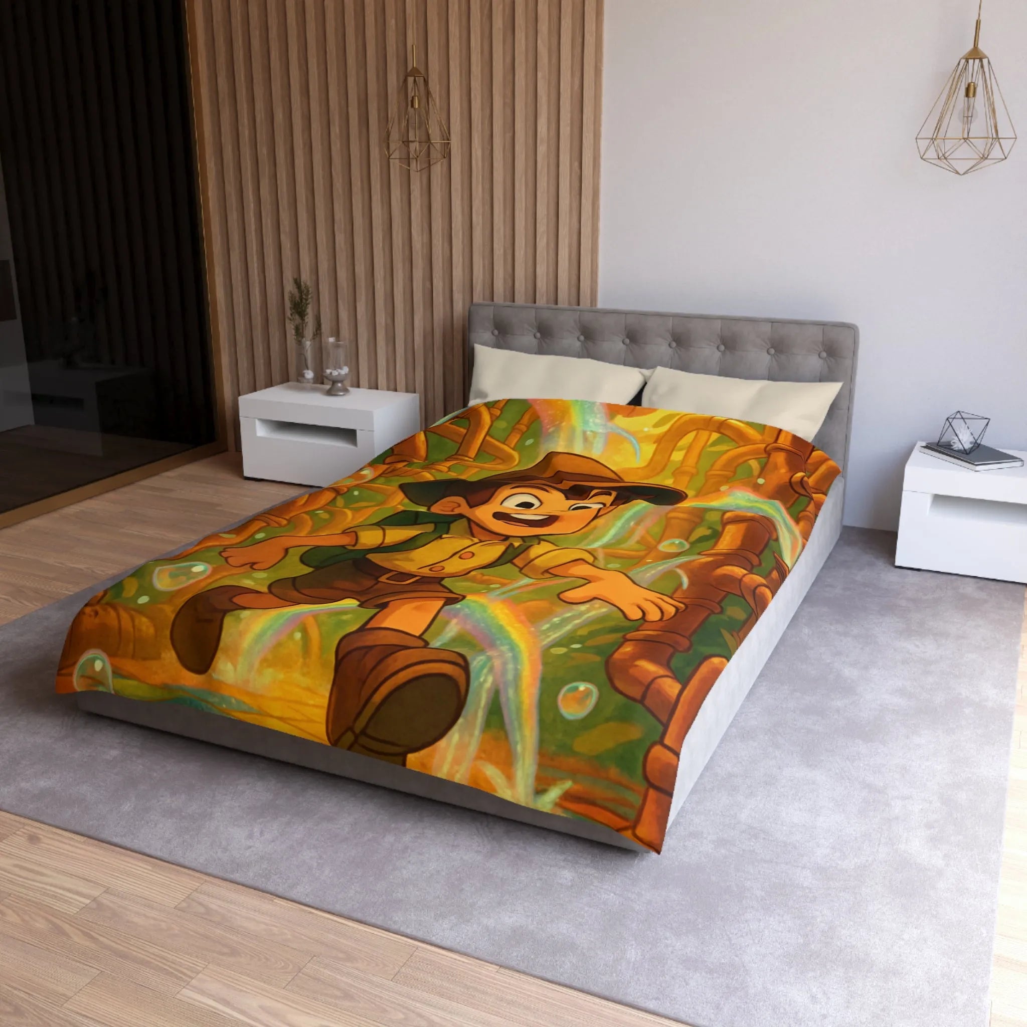 Housse de couette enfantine : garçon explorateur, tuyaux dorés, arcs-en-ciel et bulles joyeuses