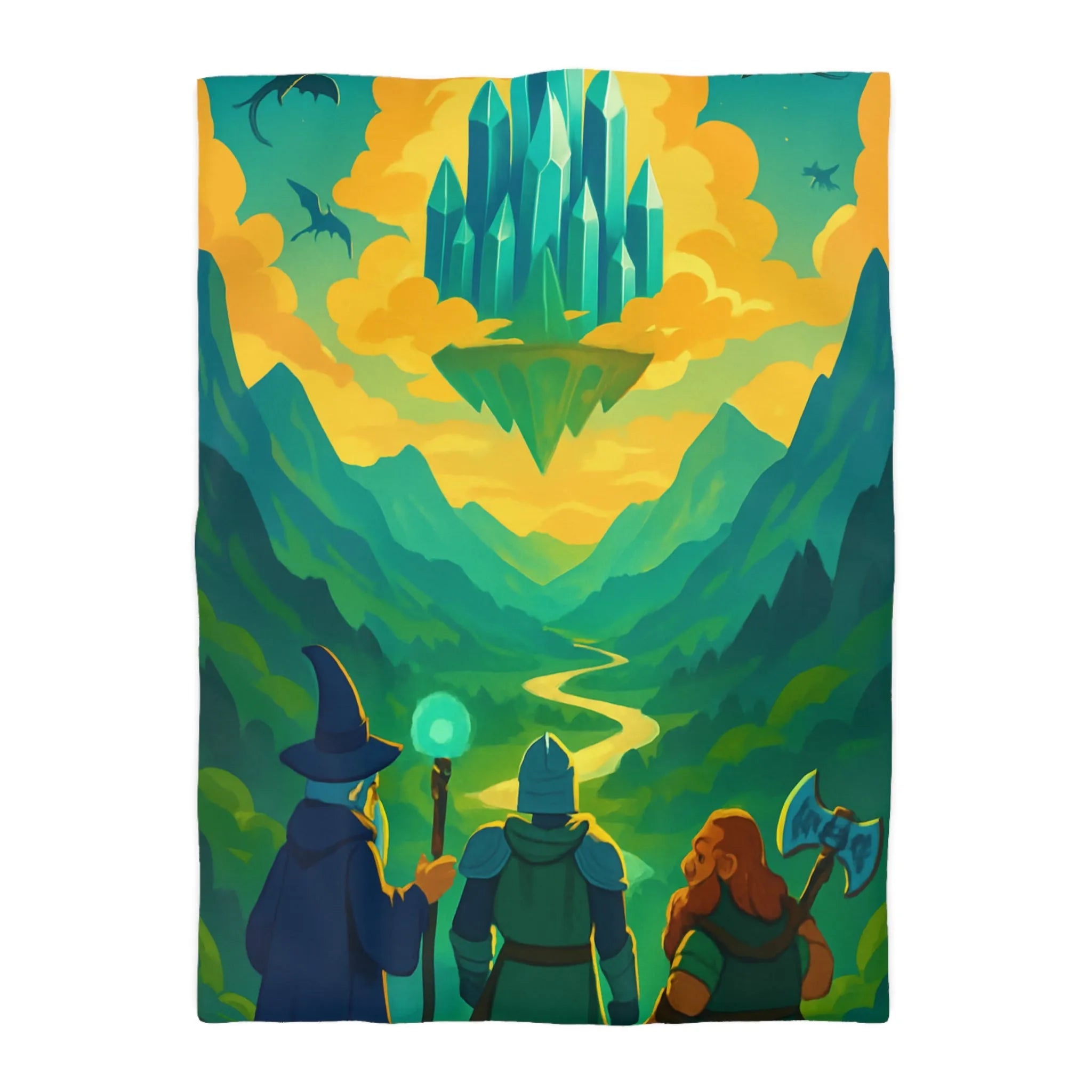 Housse de Couette Fantastique avec Vues Épiques de Cristal, Montagnes et Aventures Mythiques