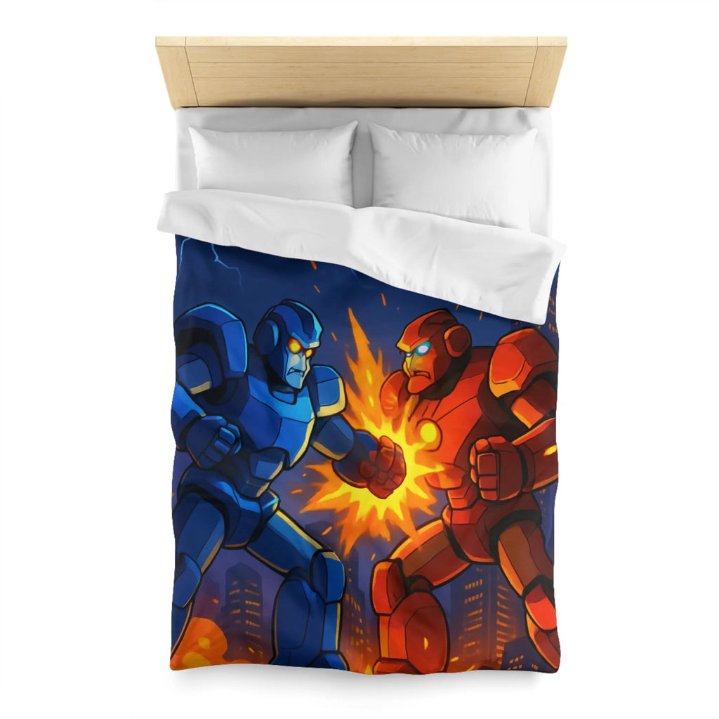 Housse de couette futuriste robots en combat dans une ville éclairée par l'orage