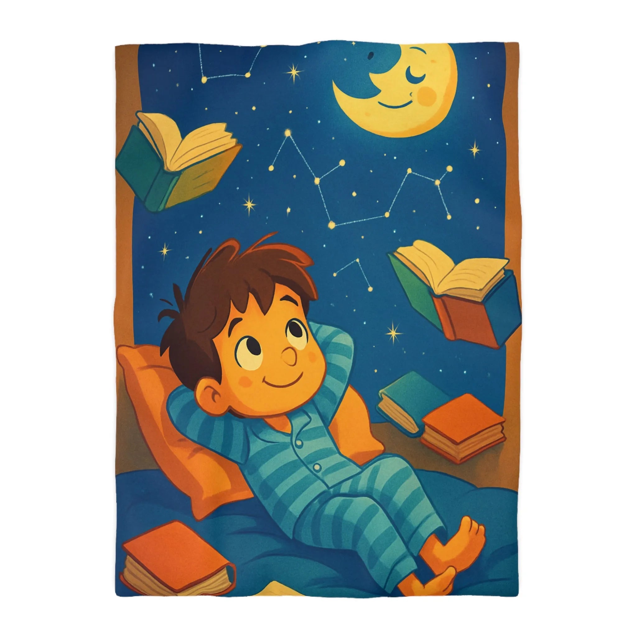 Housse de couette enfant étoilée avec lune et livres flottants pour doux rêves
