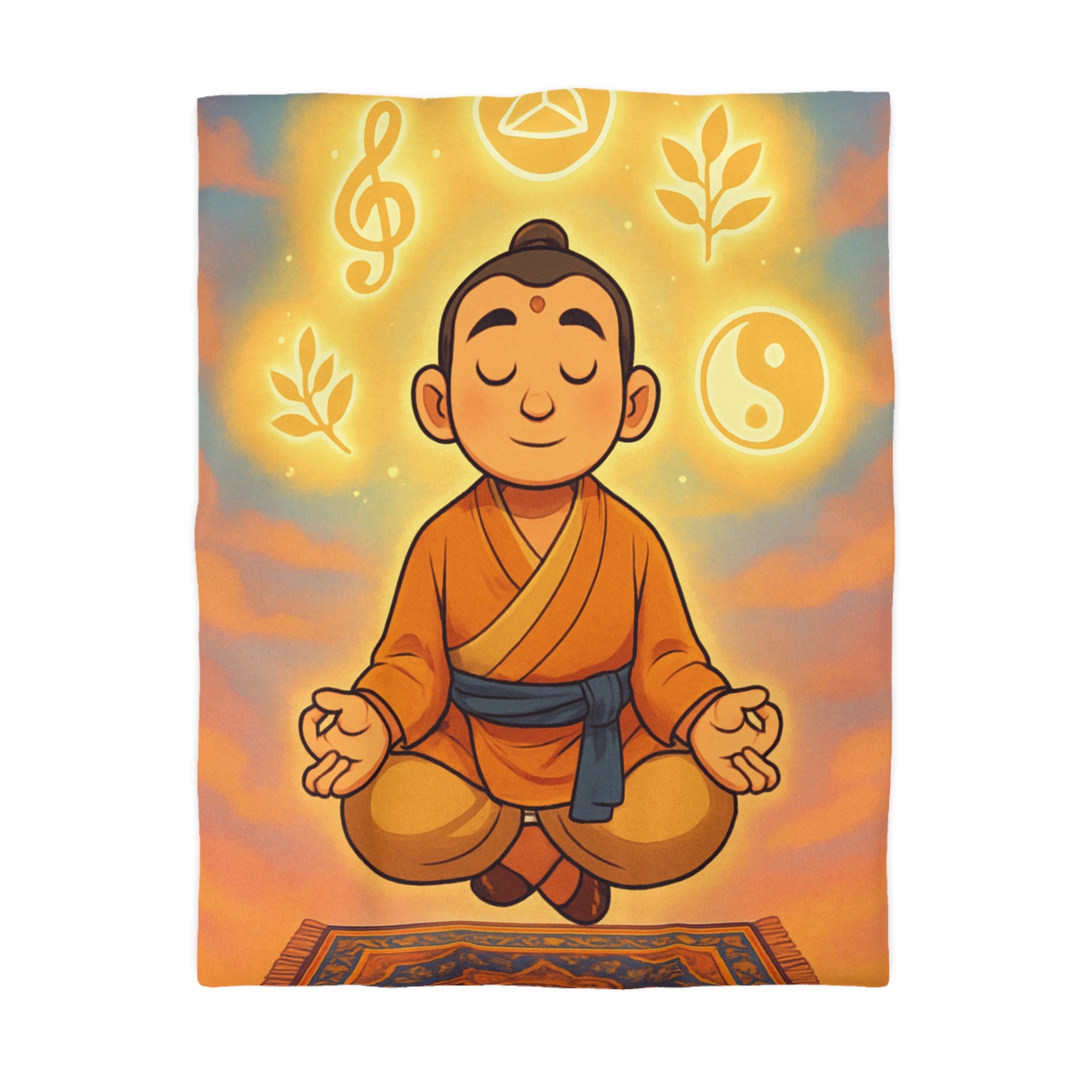 Housse de couette zen avec méditation, symboles spirituels, orange et bleu apaisant