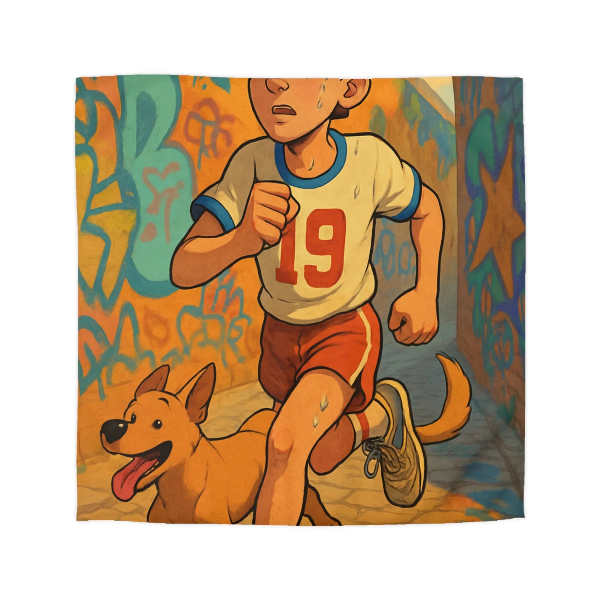 Housse de couette enfant sportive avec garçon et chien dans ruelle colorée graffiti