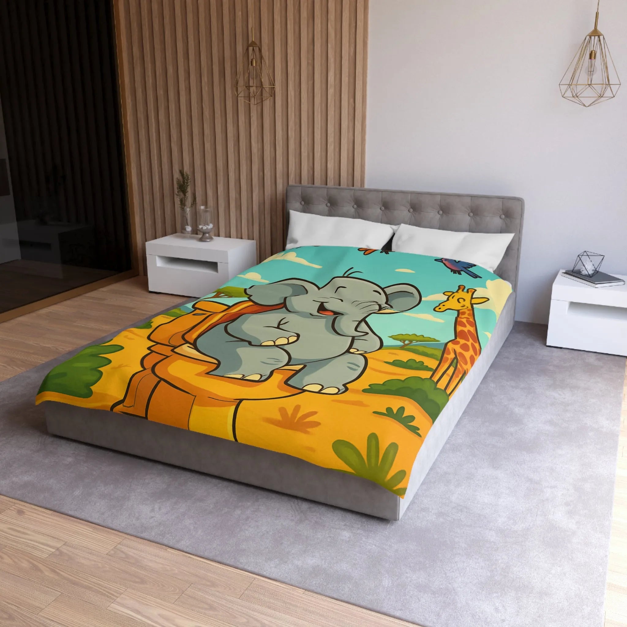 Housse de couette joyeuse éléphant sur toilettes en pleine savane colorée