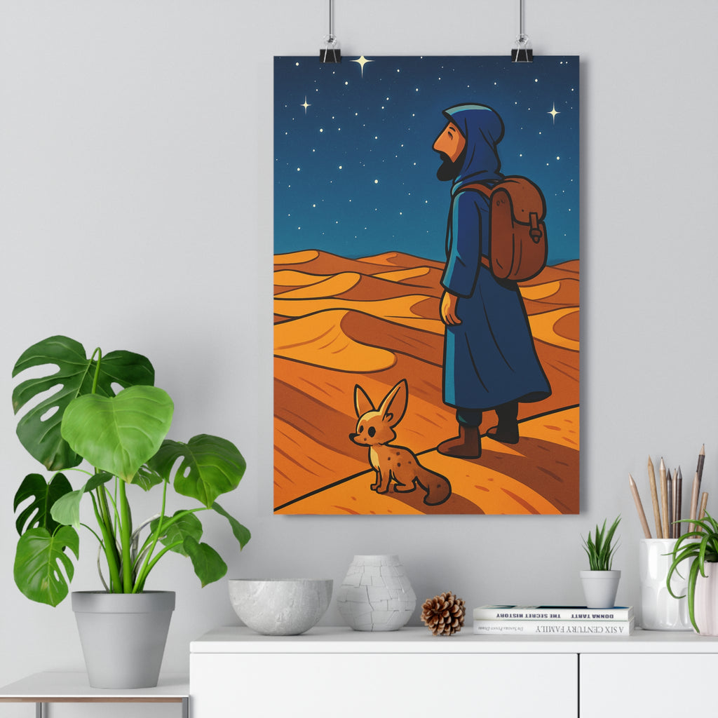 Poster décoratif aventure silhouette bleu ciel étoilé dunes dorées cartoon chambre ambiance unique qualité