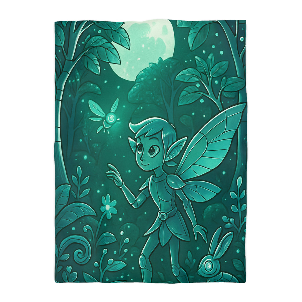 Housse de couette verte magique avec fée, papillon et forêt enchantée, ambiance nocturne