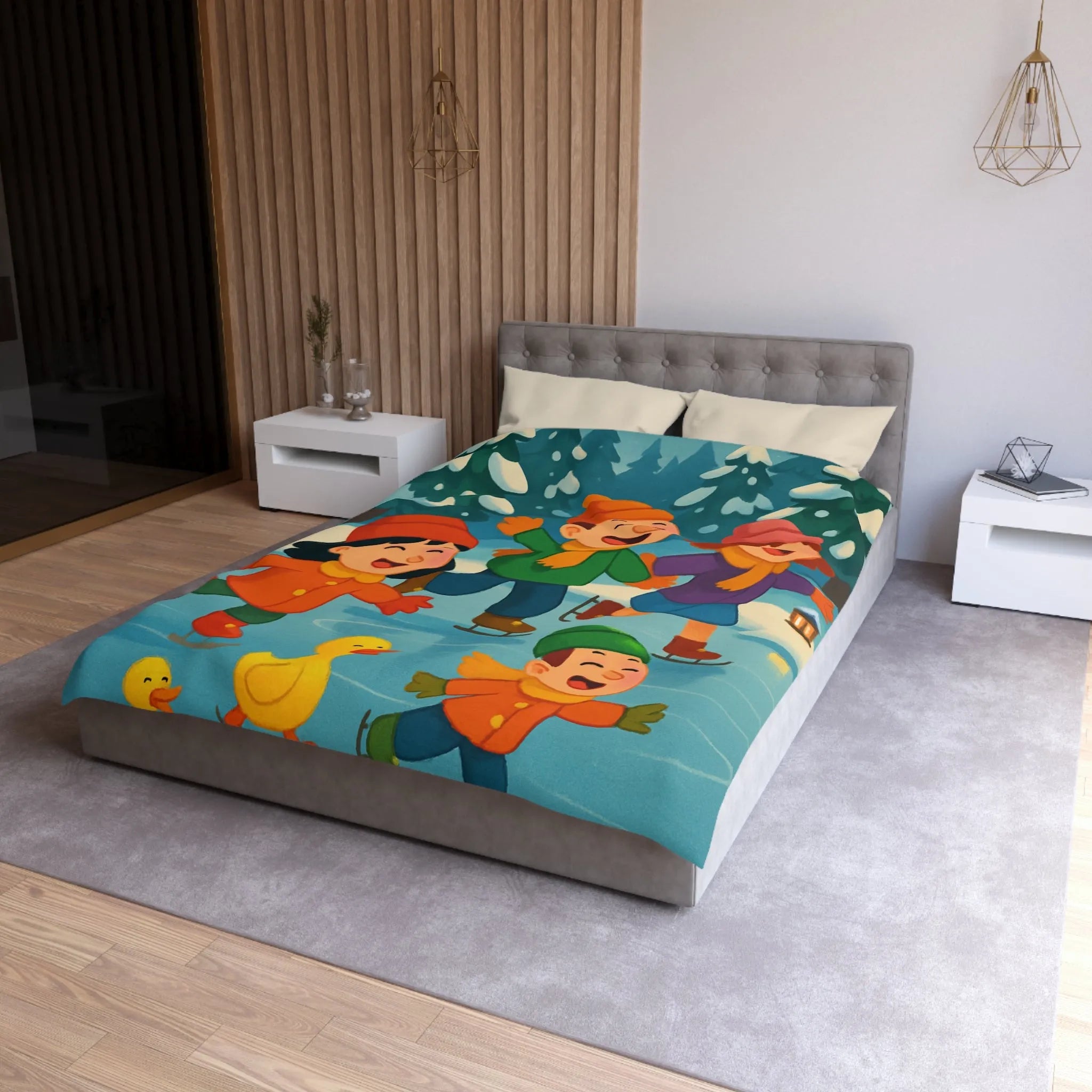 Housse de couette hiver joyeuse avec enfants et petits canards patinant sur glace