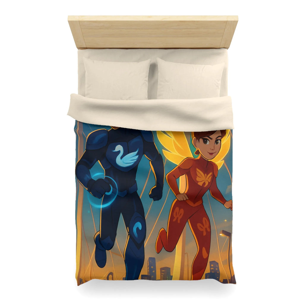 Housse de Couette Avec Héros Masqués et Ville au Crépuscule pour Chambre Enfant