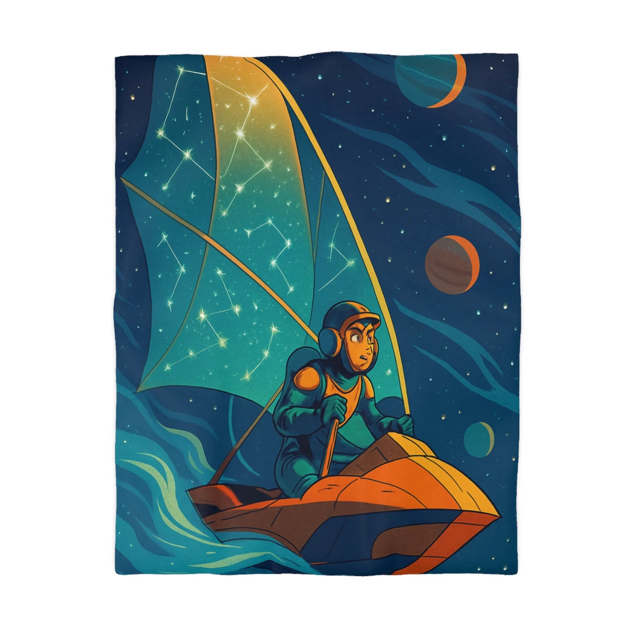 Housse de couette enfant avec cosmonaute naviguant sous la voile céleste étoilée