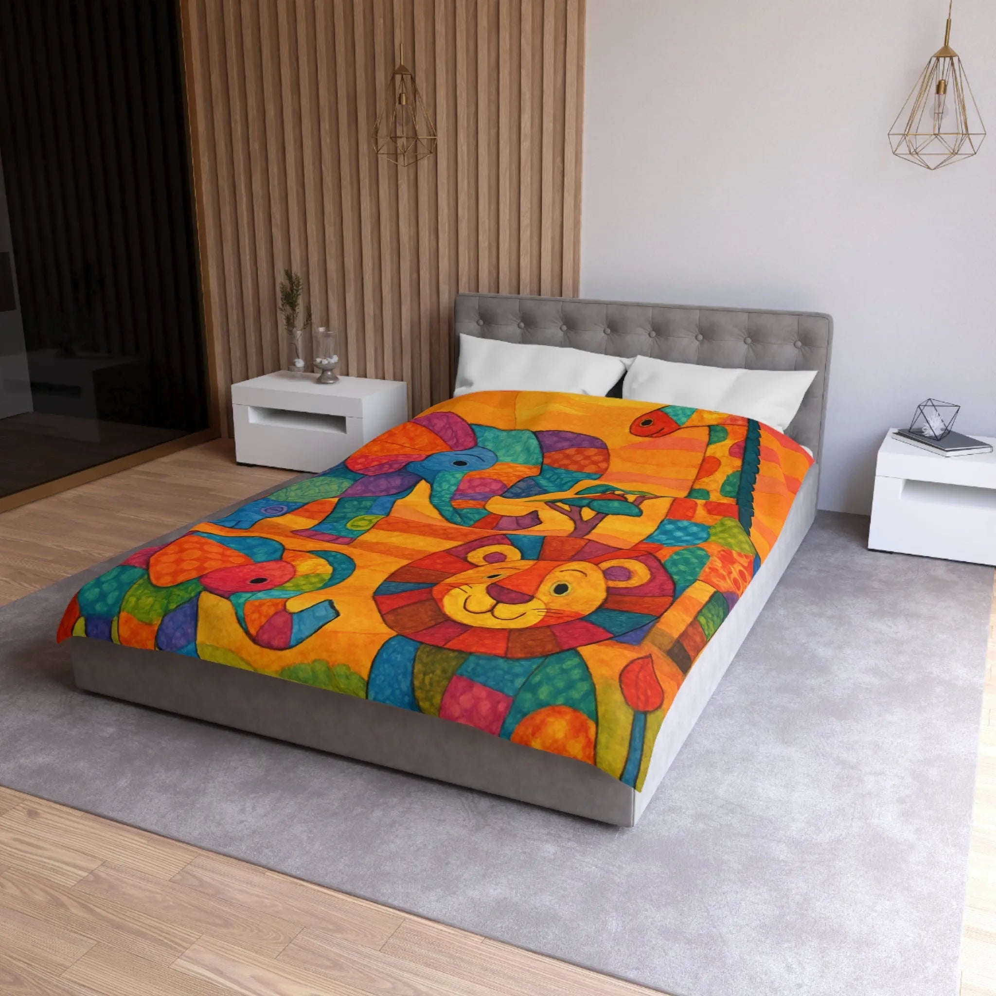 Housse de couette colorée avec éléphants, girafe et lion en style patchwork