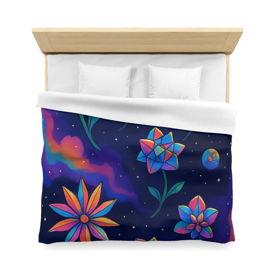 Housse de couette avec des fleurs géométriques aux couleurs cosmiques dans l'espace étoilé