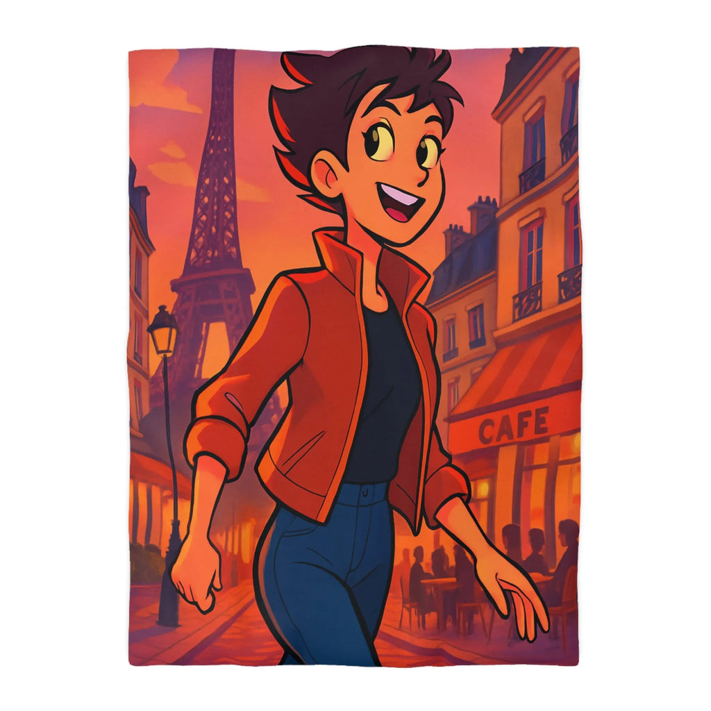Housse de couette colorée avec illustration parisienne animée d'une silhouette joyeuse