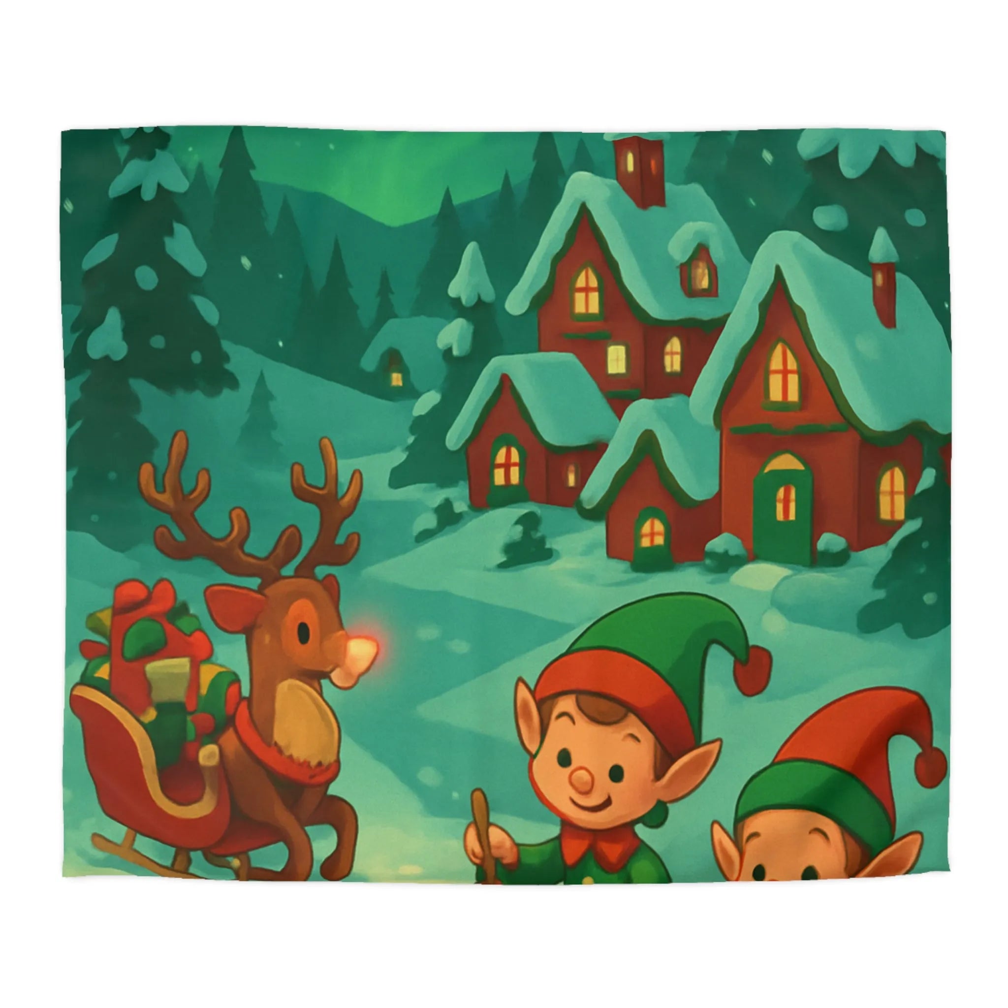 Housse de Couette Enchantée avec Lutins et Aurores Boréales dans Paysage d’Hiver Givré