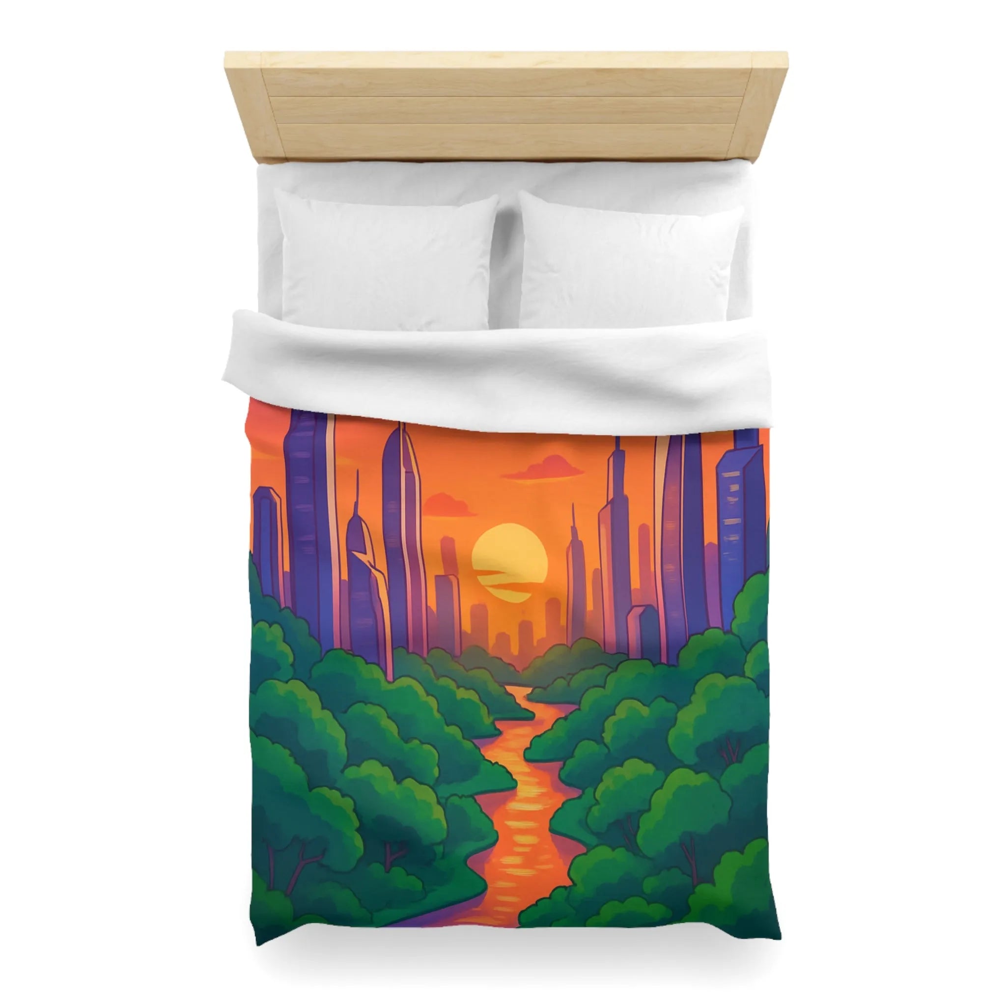 Housse de couette avec illustration urbaine et naturelle au coucher du soleil envoûtant