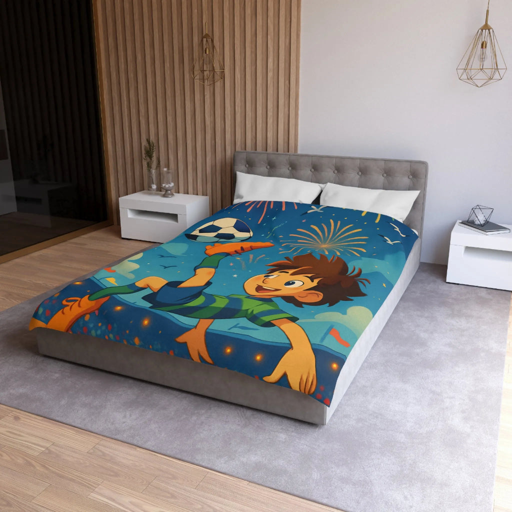 Housse de Couette Enfant Festive avec Football et Feux d'Artifice Multicolores Animés