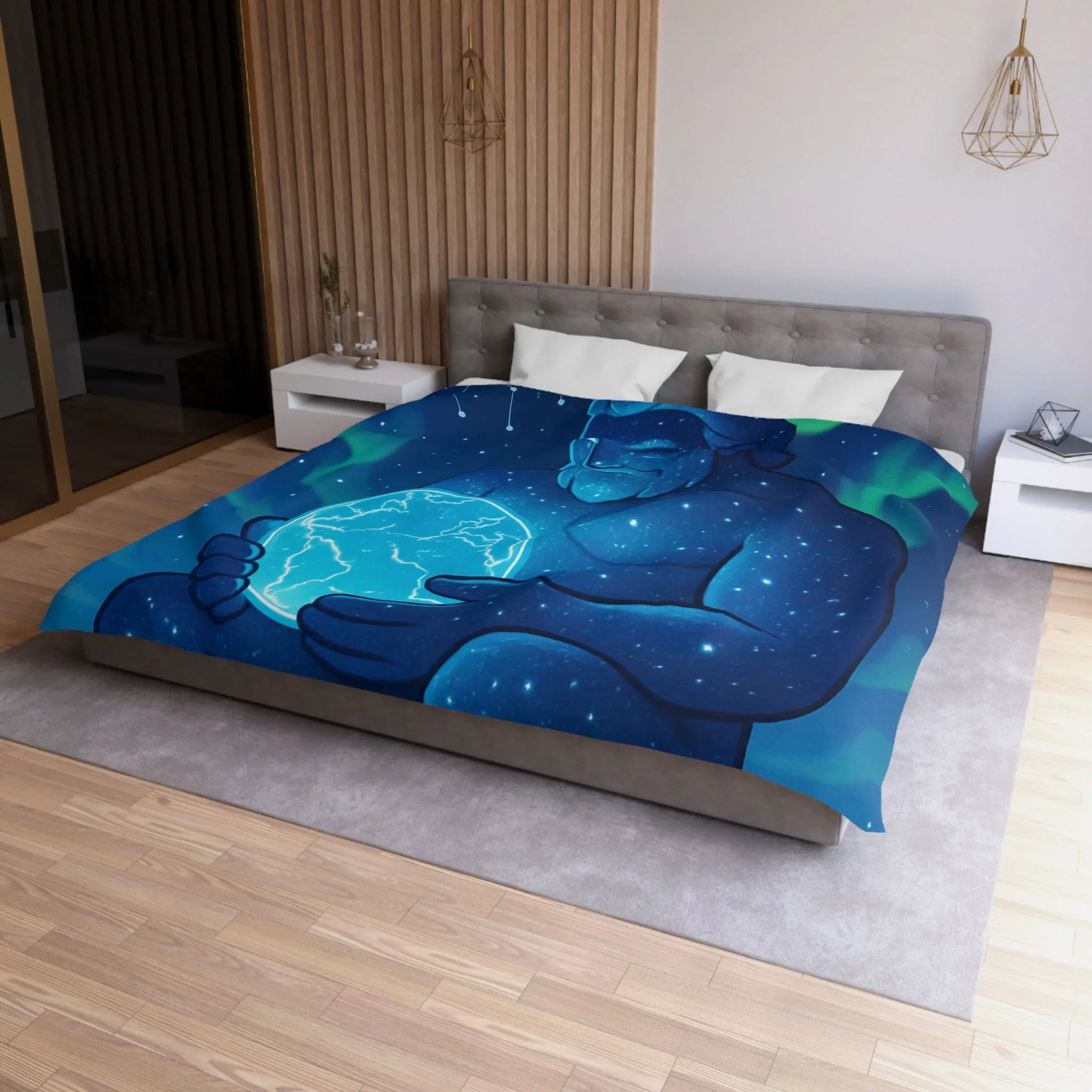 Housse de couette cosmique avec géant céleste tenant une planète lumineuse bleue