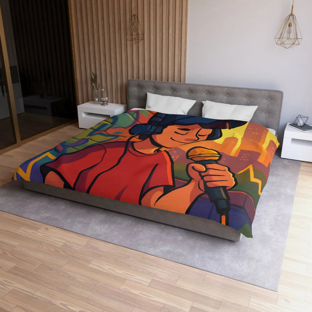 Housse de couette graphique urbaine avec chanteur et microphone sur fond coloré