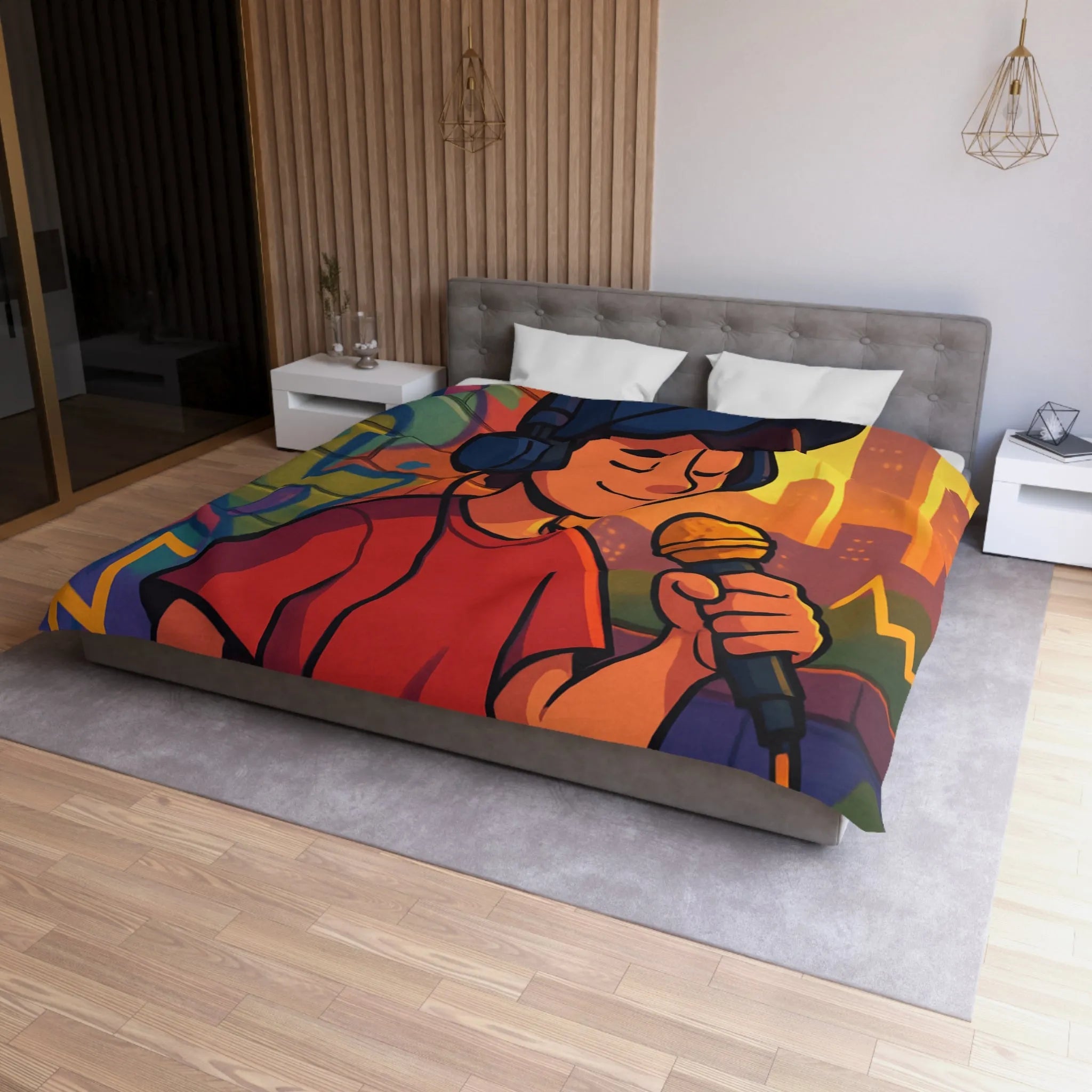 Housse de couette graphique urbaine avec chanteur et microphone sur fond coloré