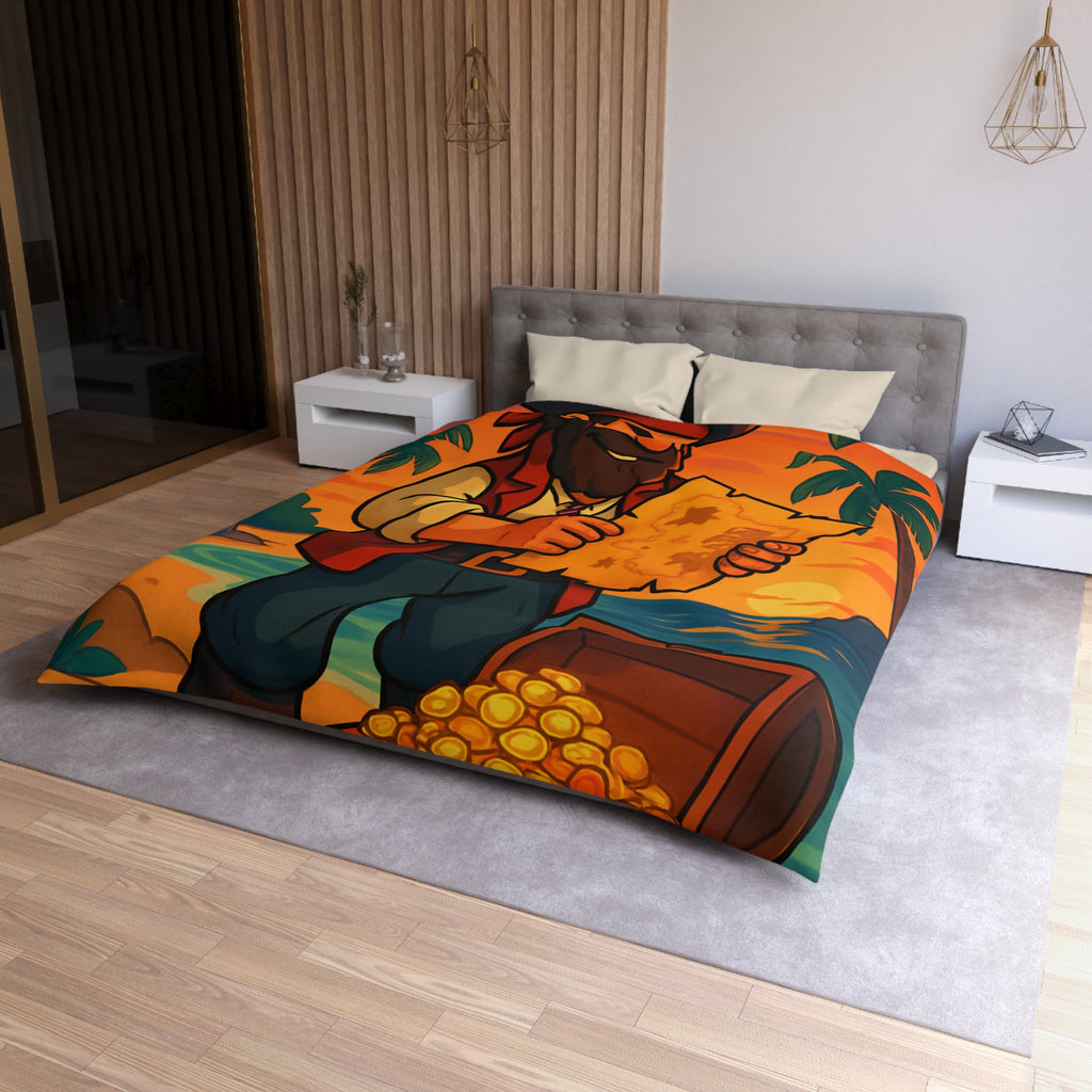 Housse de couette pirate avec coffre au trésor, carte ancienne et palmiers tropicaux