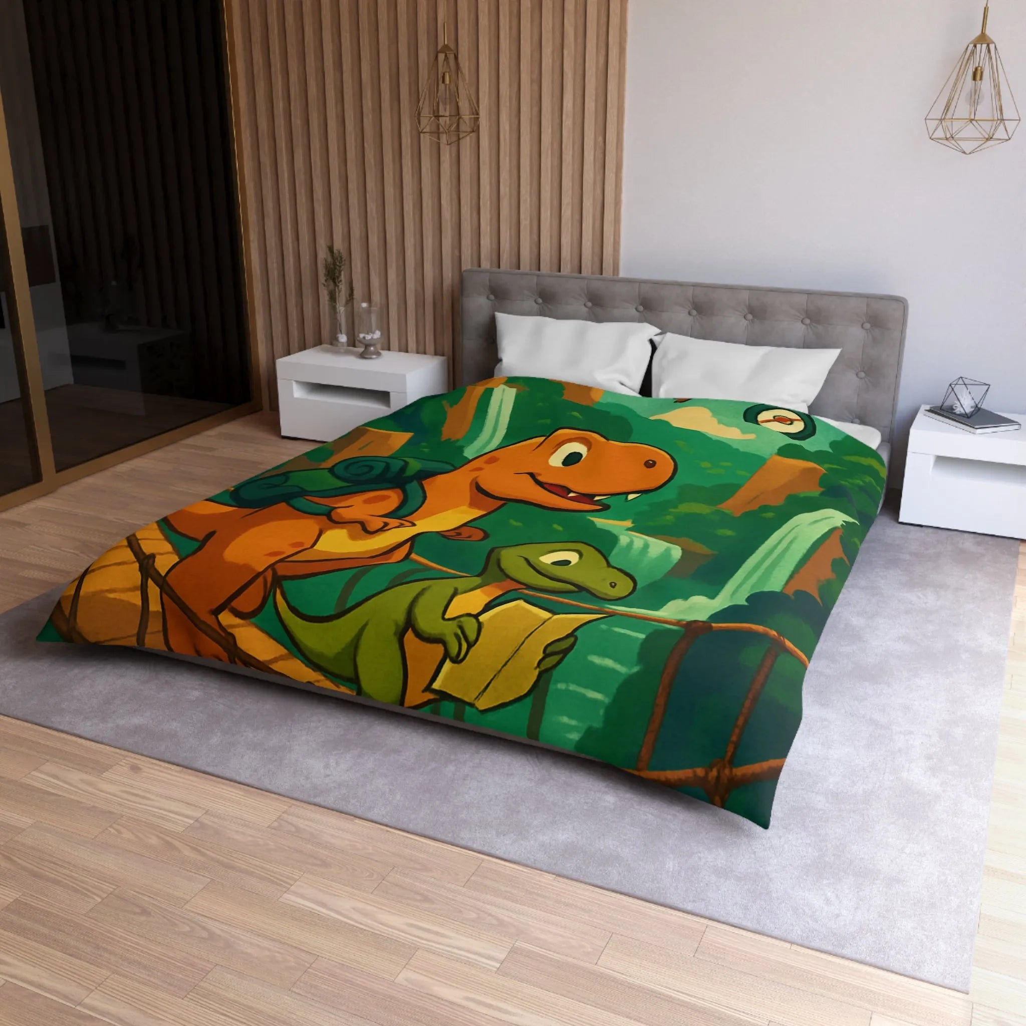 Housse de couette avec dinosaures explorateurs sur pont suspendu dans jungle luxuriante