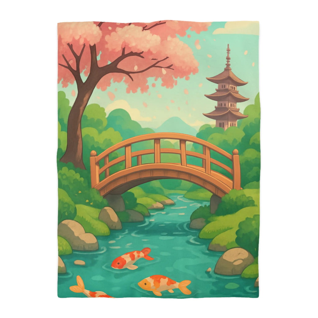 Housse de couette japonaise avec arbre en fleurs, pont en bois et carpes koi