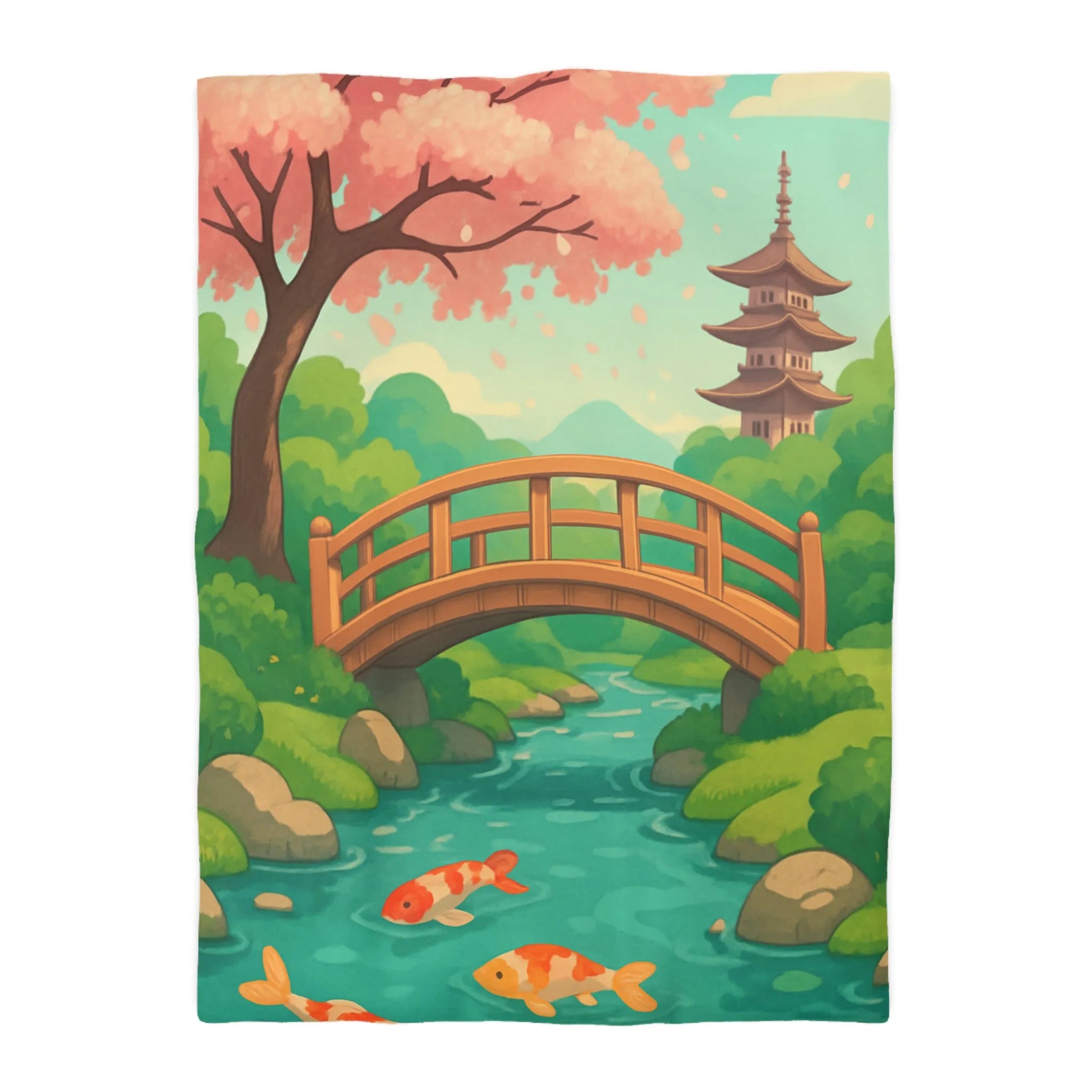 Housse de couette japonaise avec arbre en fleurs, pont en bois et carpes koi