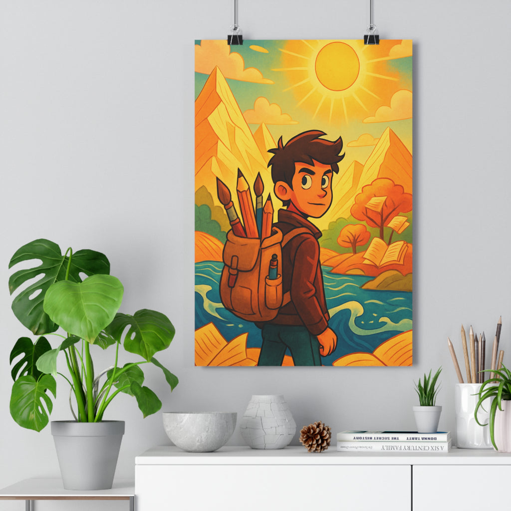 Poster décoratif coloré vibrant fantasie aventure cartoon enfant chambre créatif artistique paysage montagne rivière