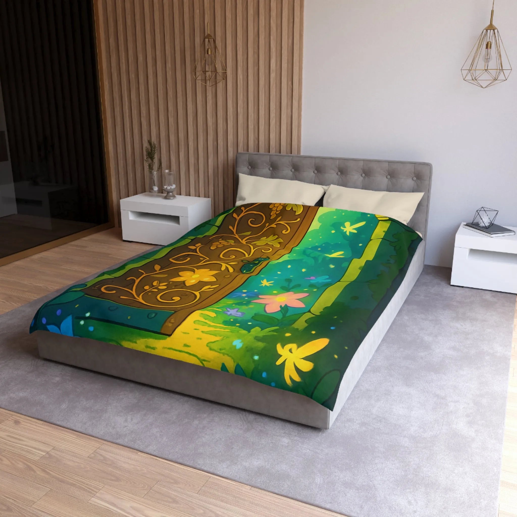 Housse de couette magique avec motif de porte mystique illuminée et papillons colorés