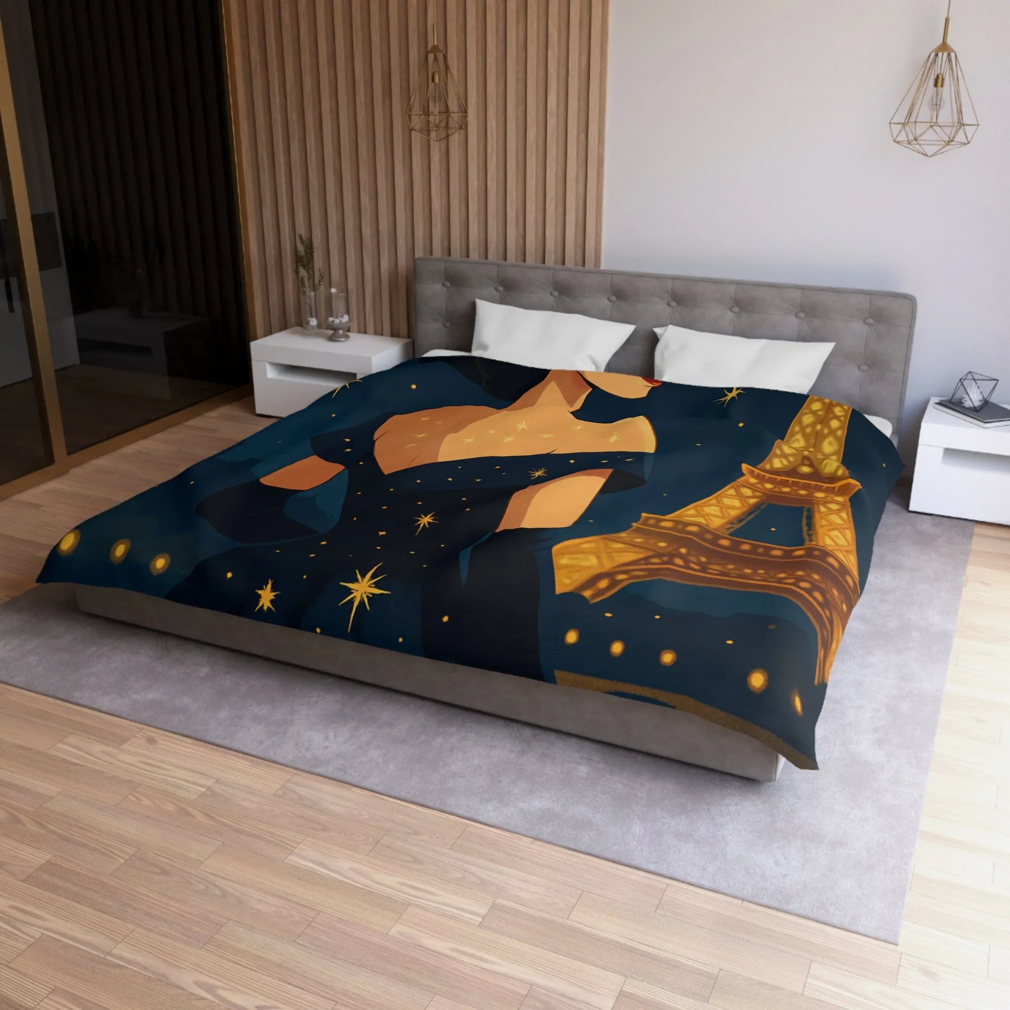 Élégante illustration nocturne femme en robe étoilée avec Tour Eiffel lumineuse