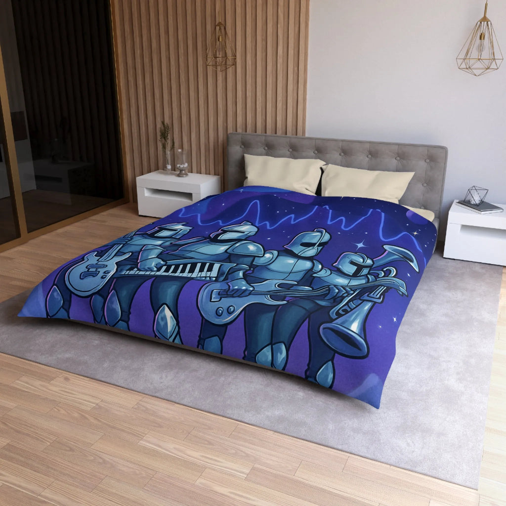 Housse de couette futuriste avec chevaliers musiciens sur fond spatial étoilé galactique