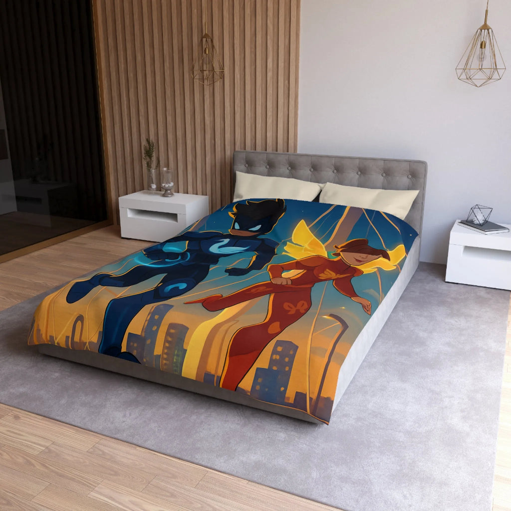 Housse de Couette Avec Héros Masqués et Ville au Crépuscule pour Chambre Enfant