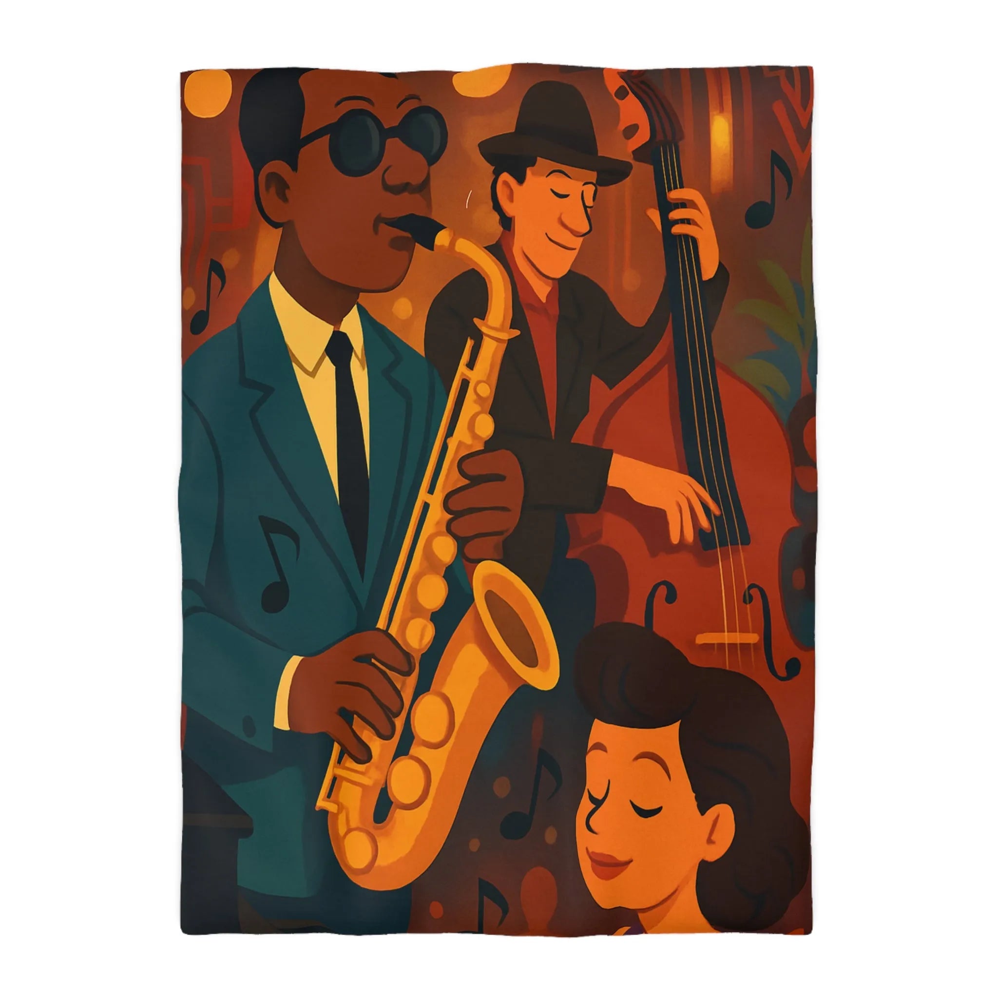 Housse de couette jazz rétro avec musiciens passionnés jouant du saxophone et contrebasse