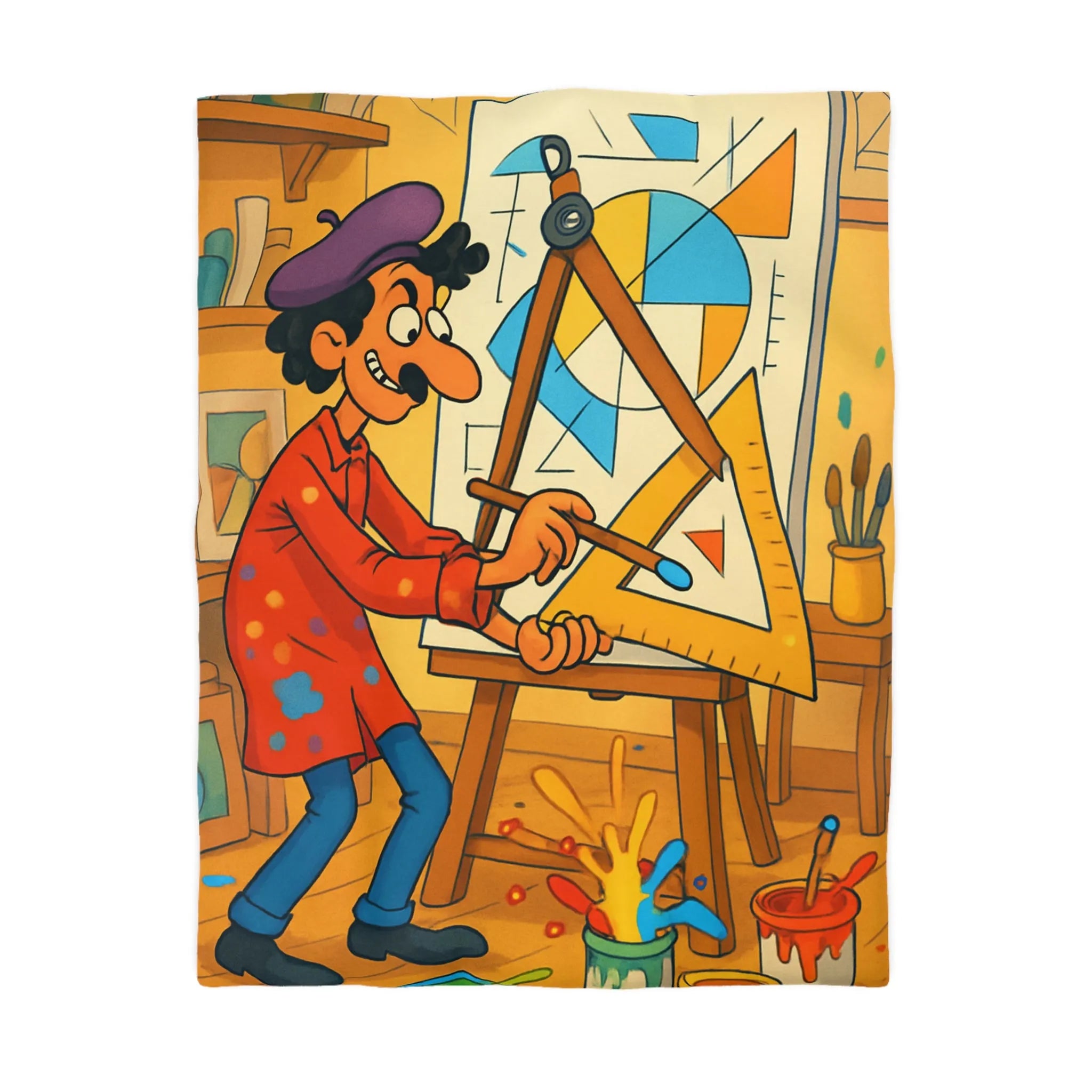 Housse de couette artistique avec motif géométrique et artiste cartoon en atelier coloré