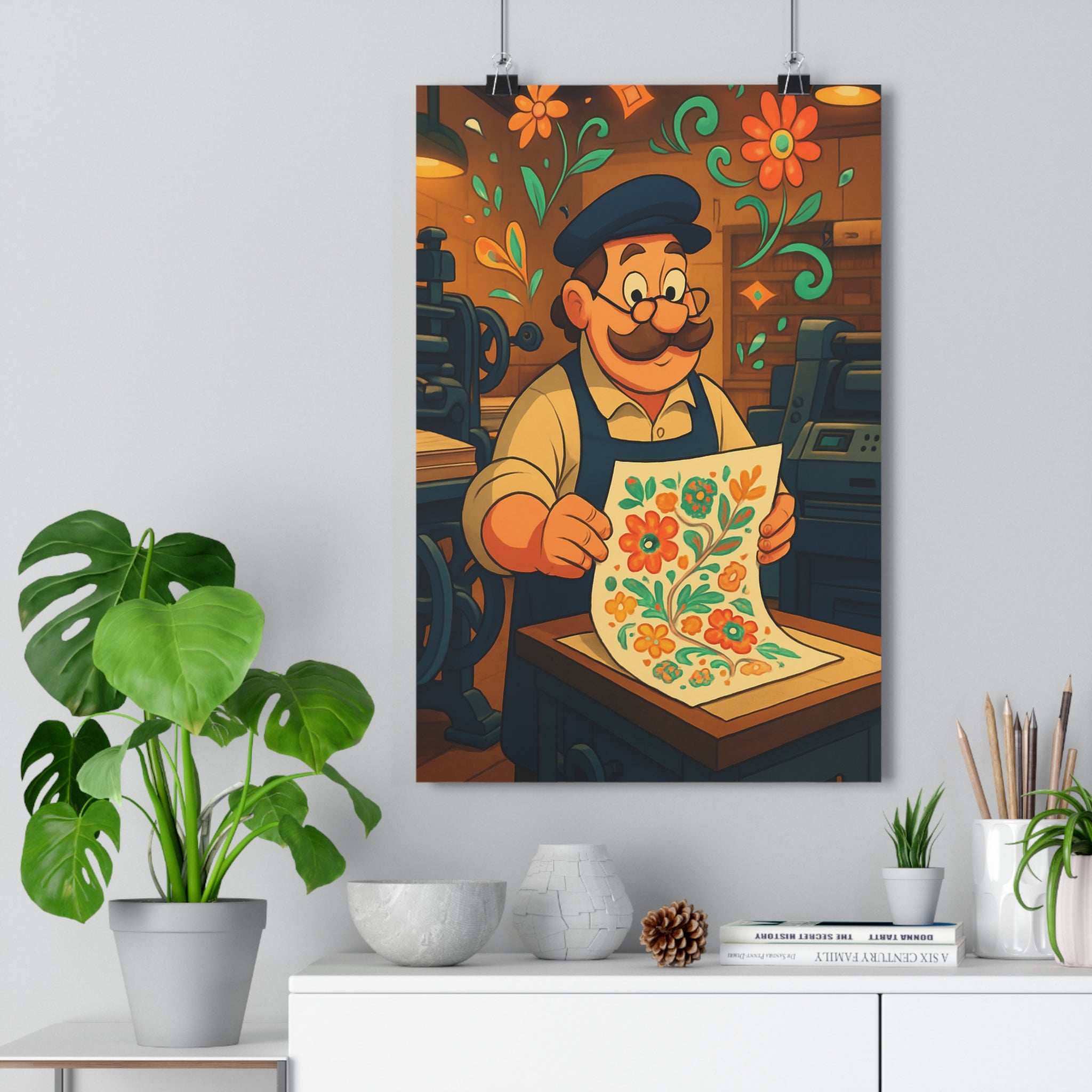 Poster décoratif vintage cartoon bleu orange vert atelier bureau créatif industriel chaleureux 30x46 cm