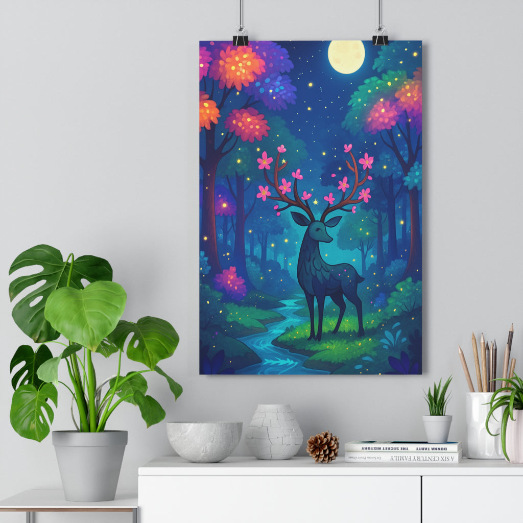 Poster décoratif nature magique cerf cartoon rose forêt enchantée chambre salon féerique coloré vibrant