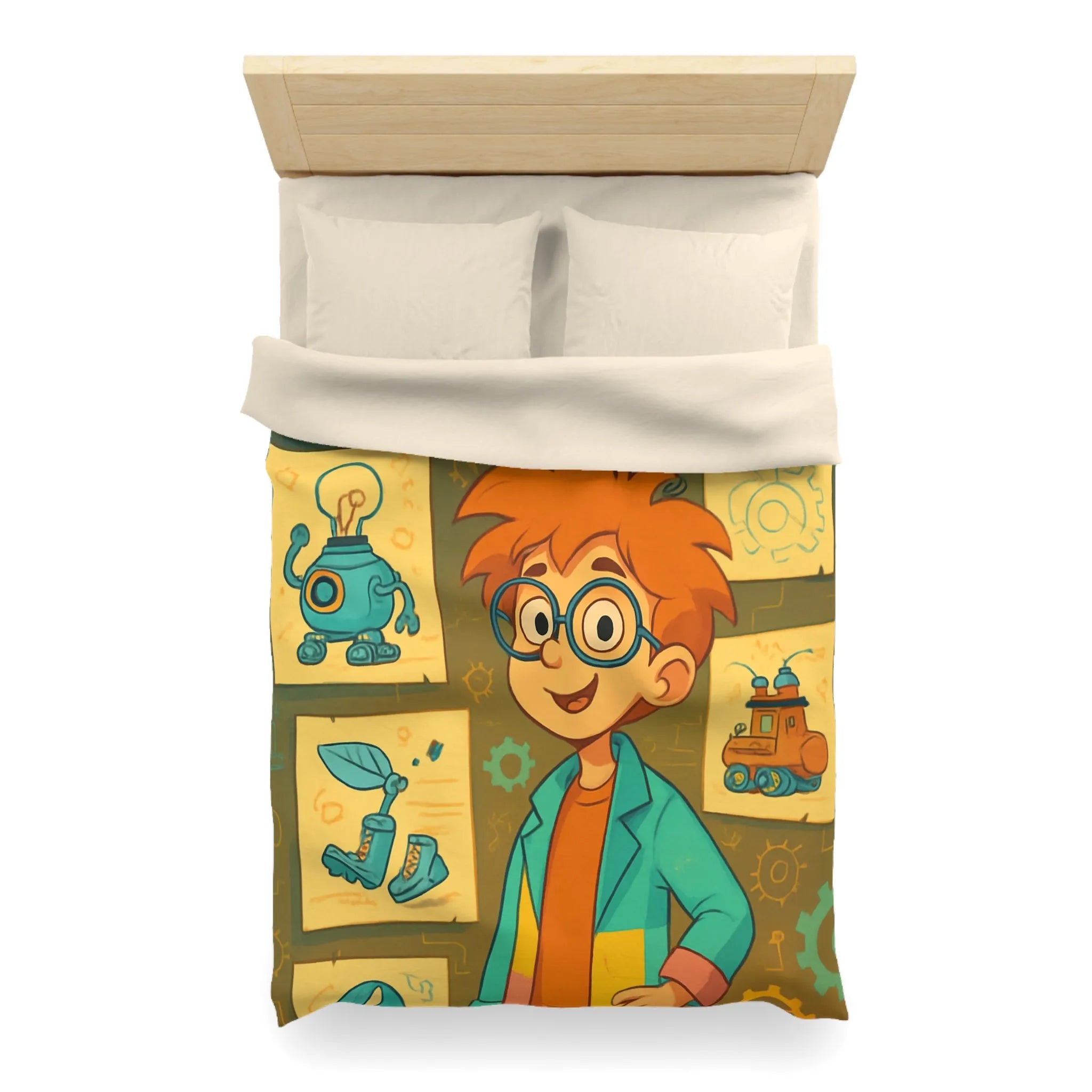 Housse de couette enfant motifs inventeur créatif pour chambre ludique et colorée