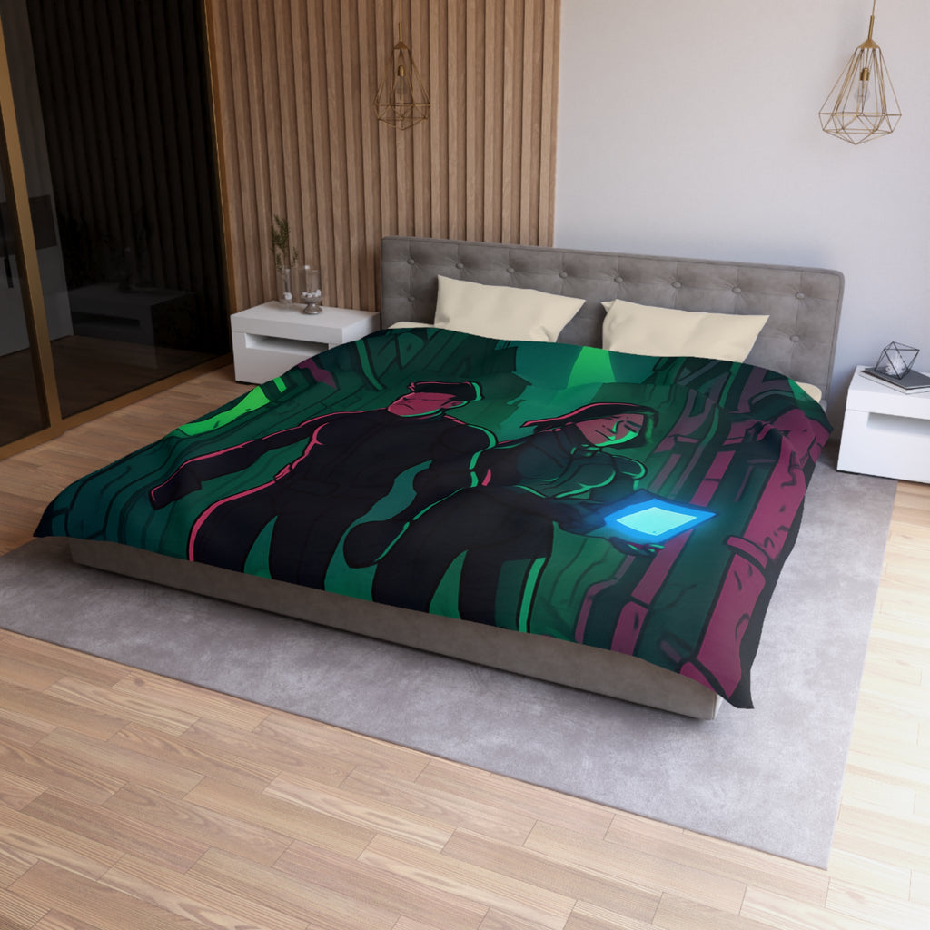 Housse de couette motif espionnage futuriste avec drones dans une ruelle mystérieuse