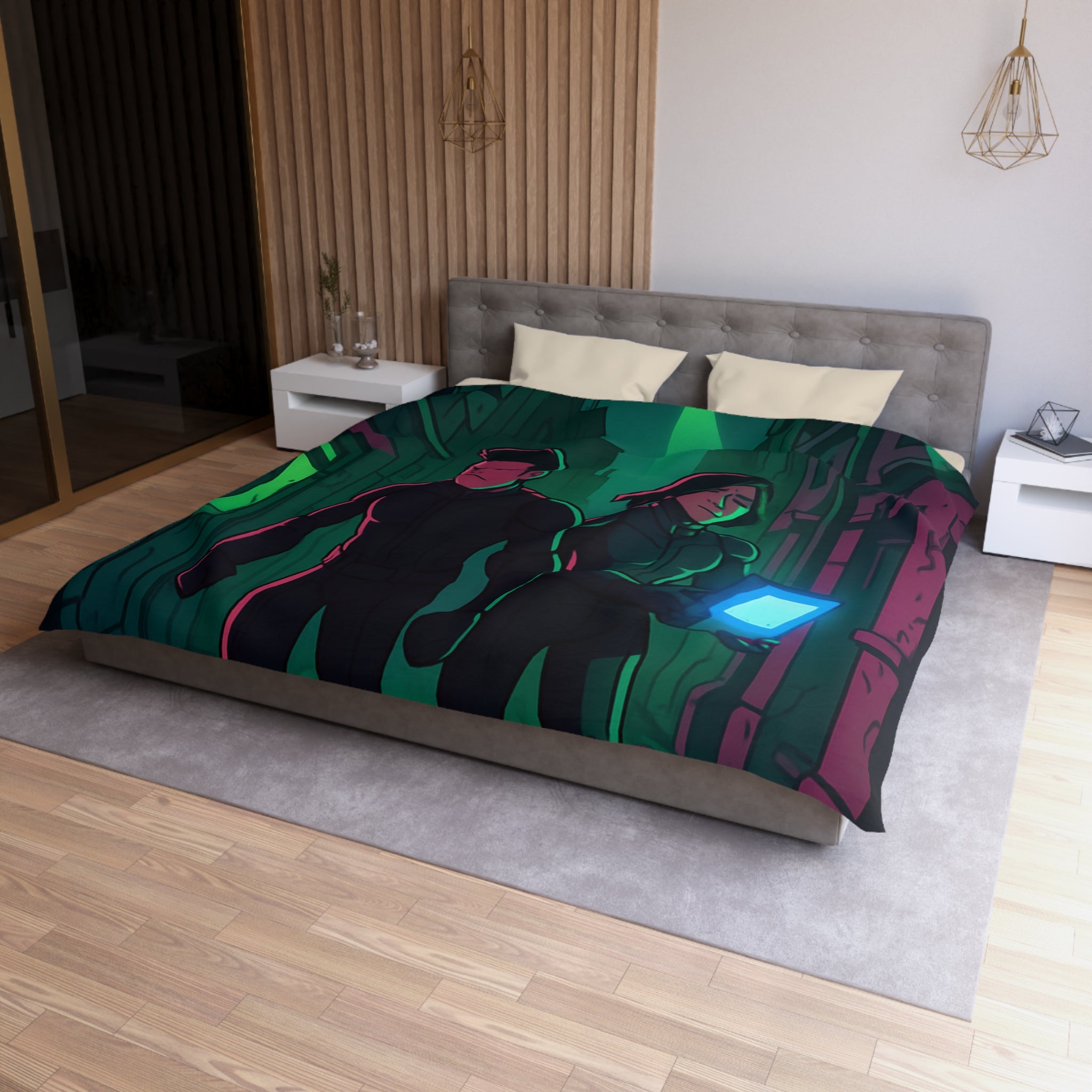 Housse de couette motif espionnage futuriste avec drones dans une ruelle mystérieuse