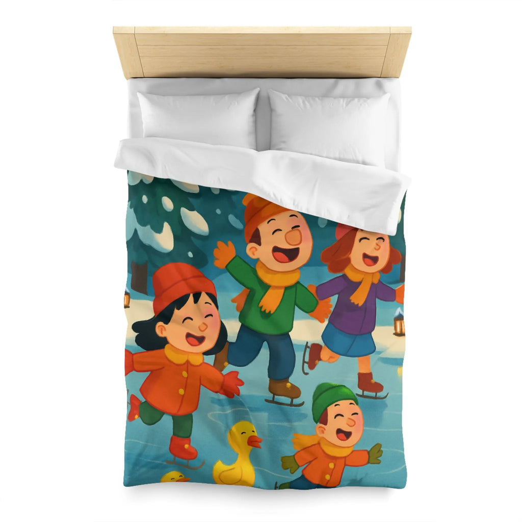 Housse de couette hiver joyeuse avec enfants et petits canards patinant sur glace