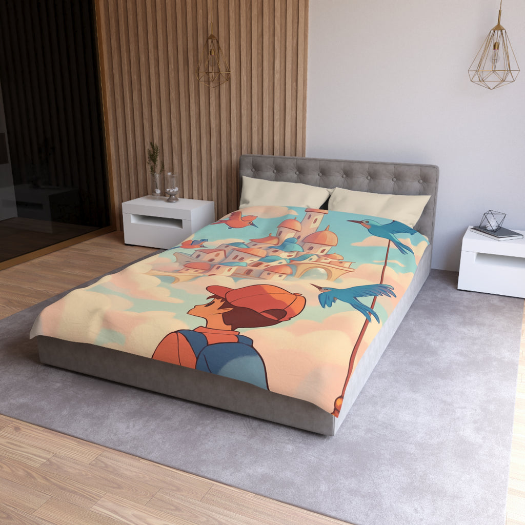 Housse de couette rêveuse avec enfant explorant un château céleste parmi les nuages