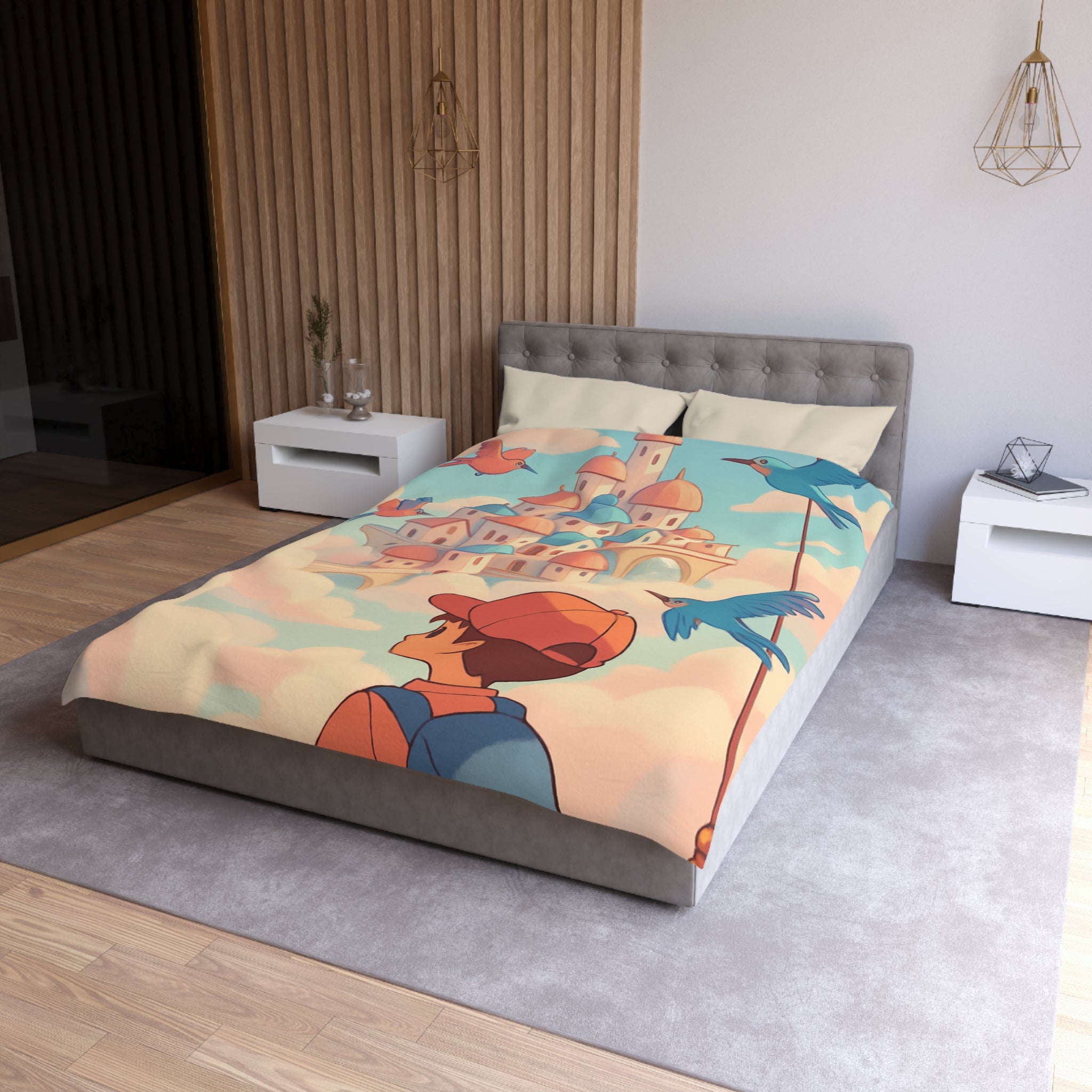 Housse de couette rêveuse avec enfant explorant un château céleste parmi les nuages