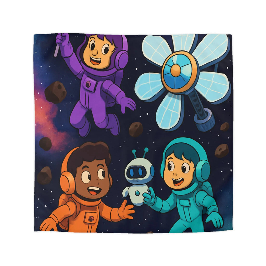 Housse de couette inspirée espace enfants, astronautes colorés, étoiles et planètes joyeuses