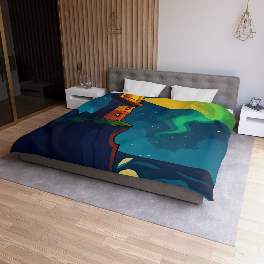 Housse de couette phare rouge illuminant océan étoilé, paysage nocturne inspirant rêve.