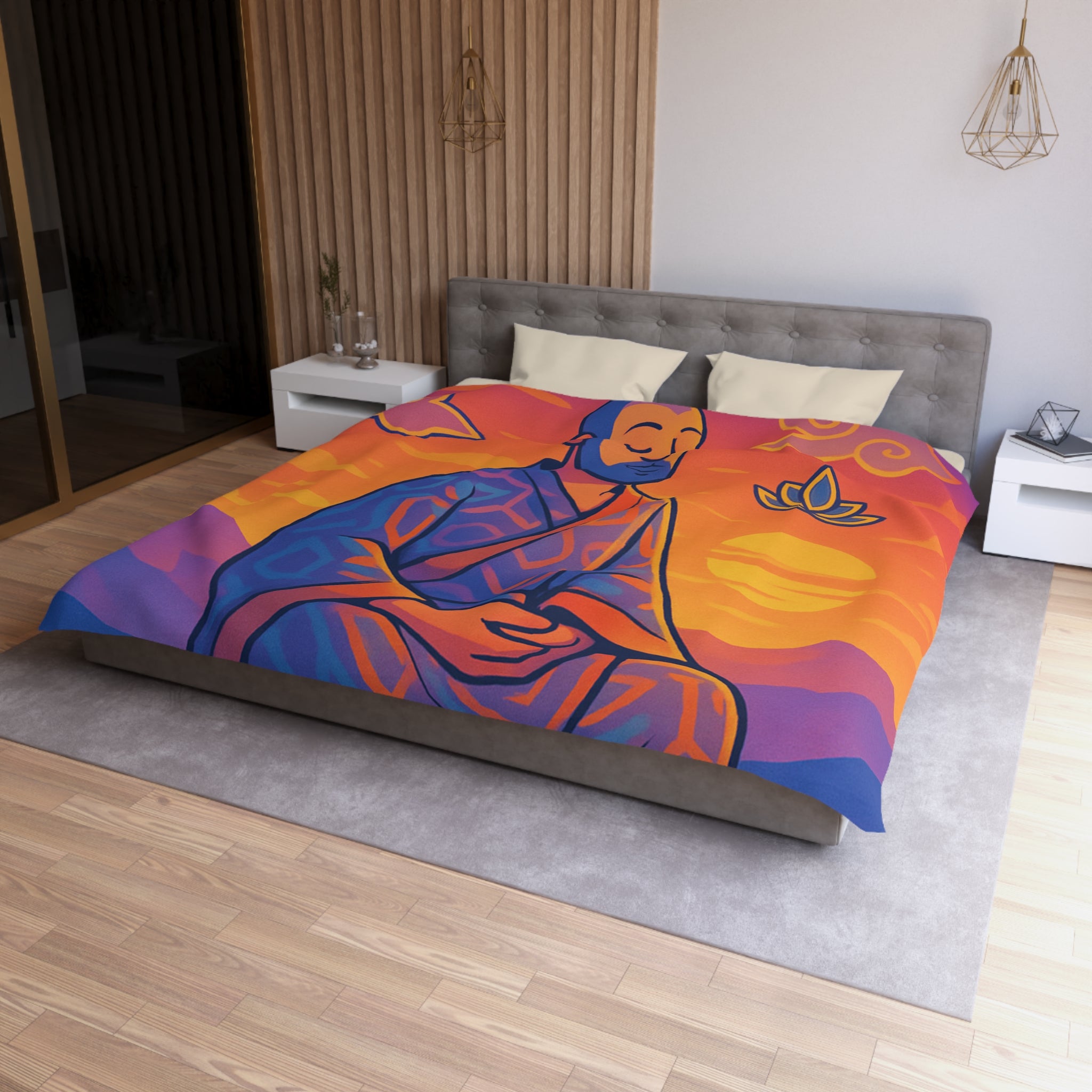 Housse de Couette Zen Moine Méditant au Coucher de Soleil Avec Fleurs de Lotus