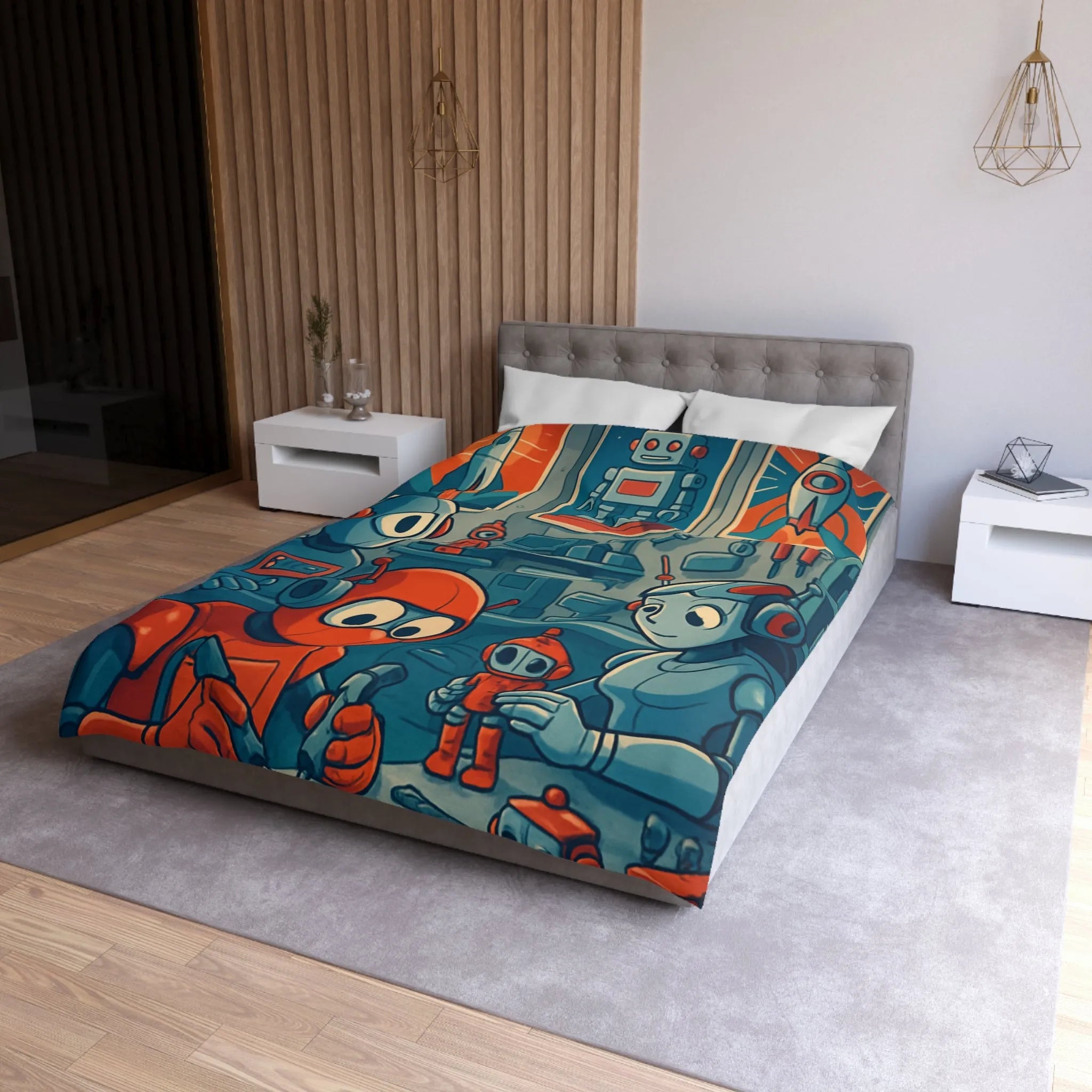 Housse de Couette Adorable Atelier de Robots pour Enfants au Look Rétro Futuriste