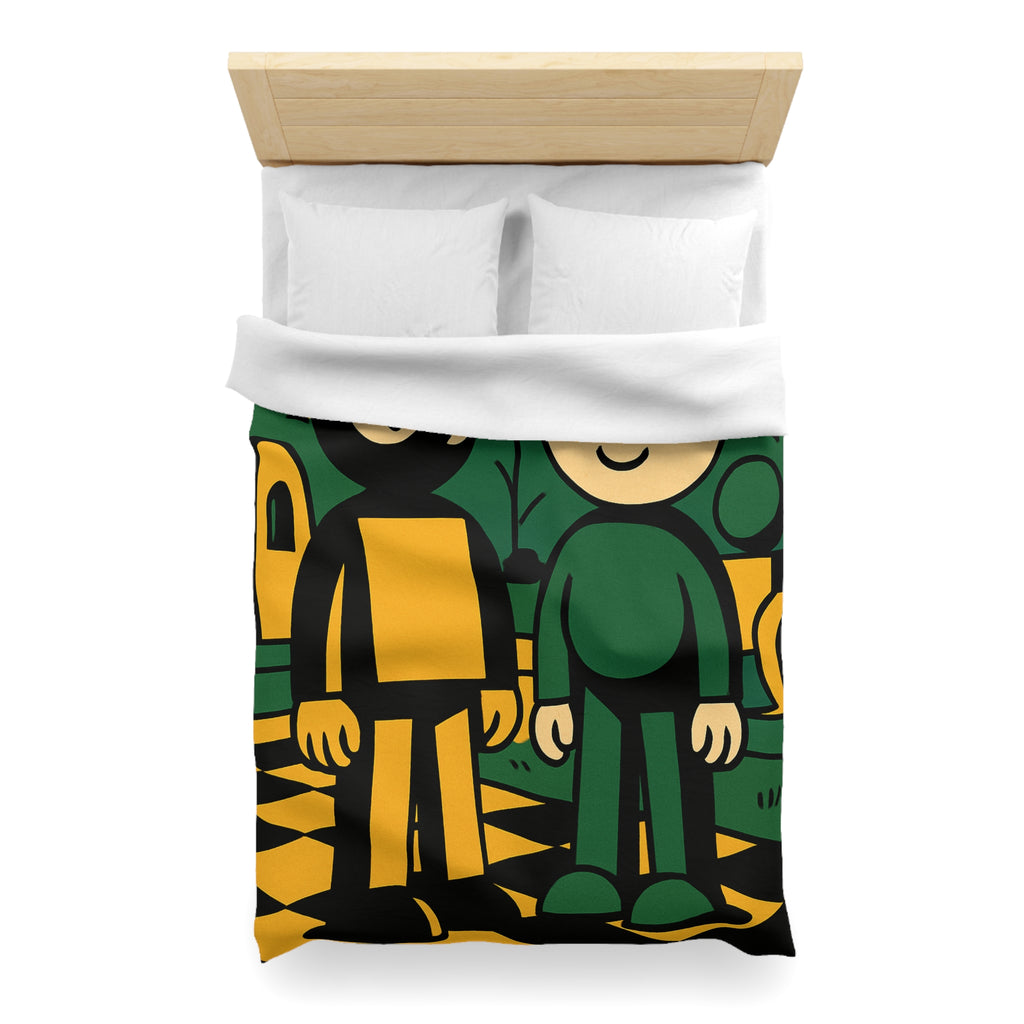 Housse de couette style pop-art cartoon avec personnages et paysage graphique original