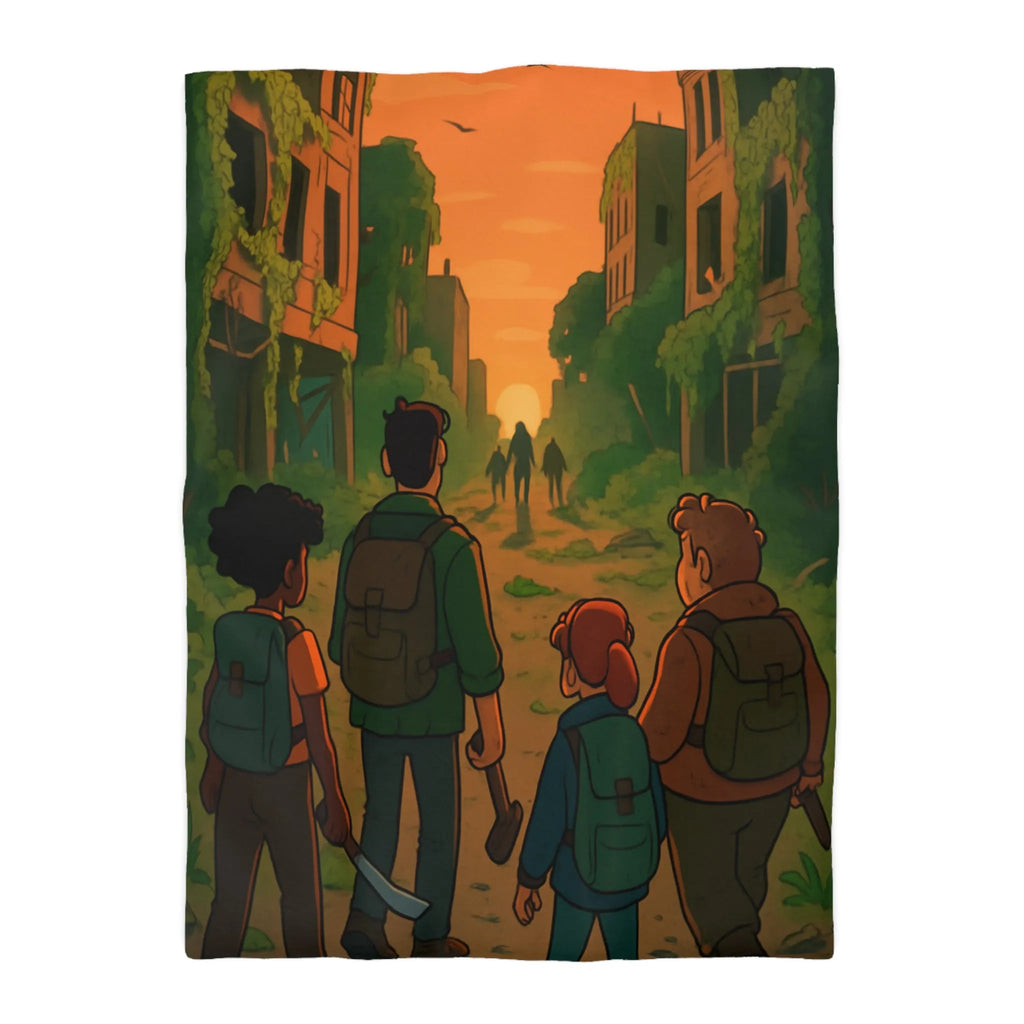 Housse de couette aventure urbaine animée, ambiance apocalyptique au coucher du soleil