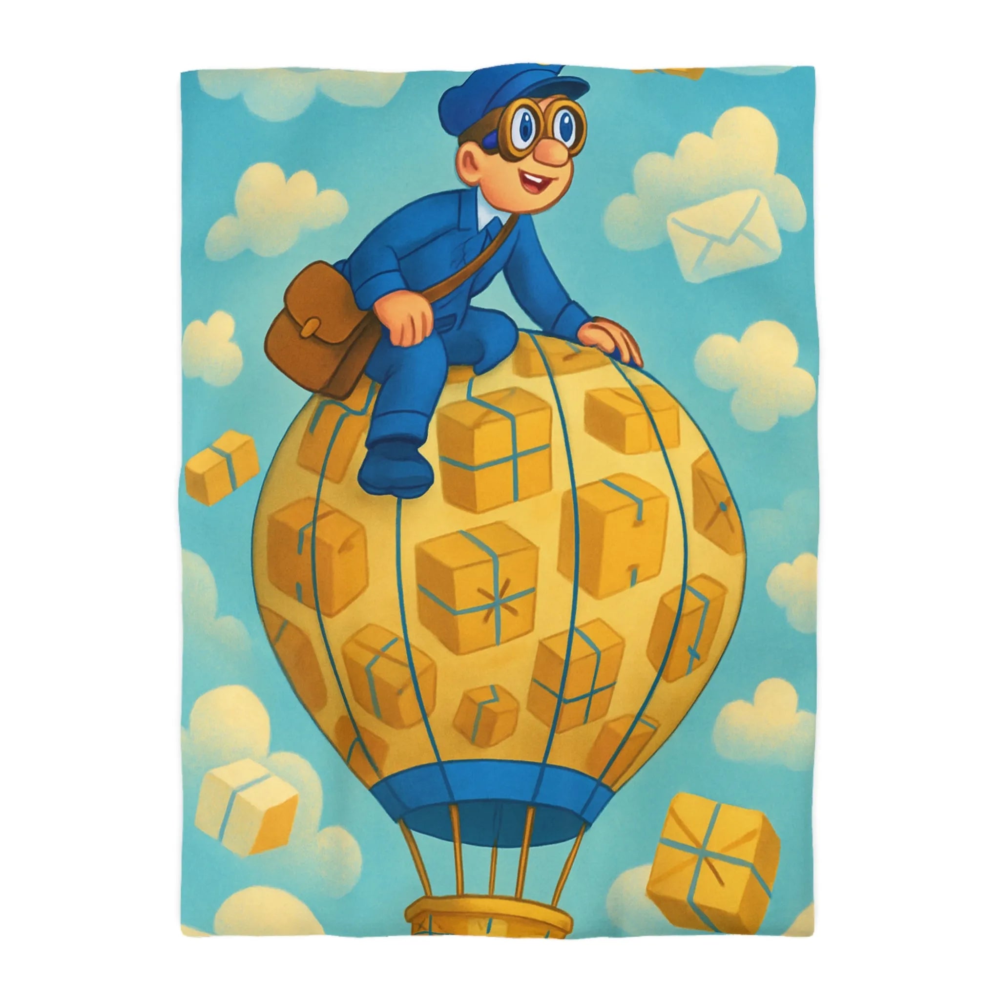 Housse de couette colorée avec montgolfière et livreur volant dans le ciel animés