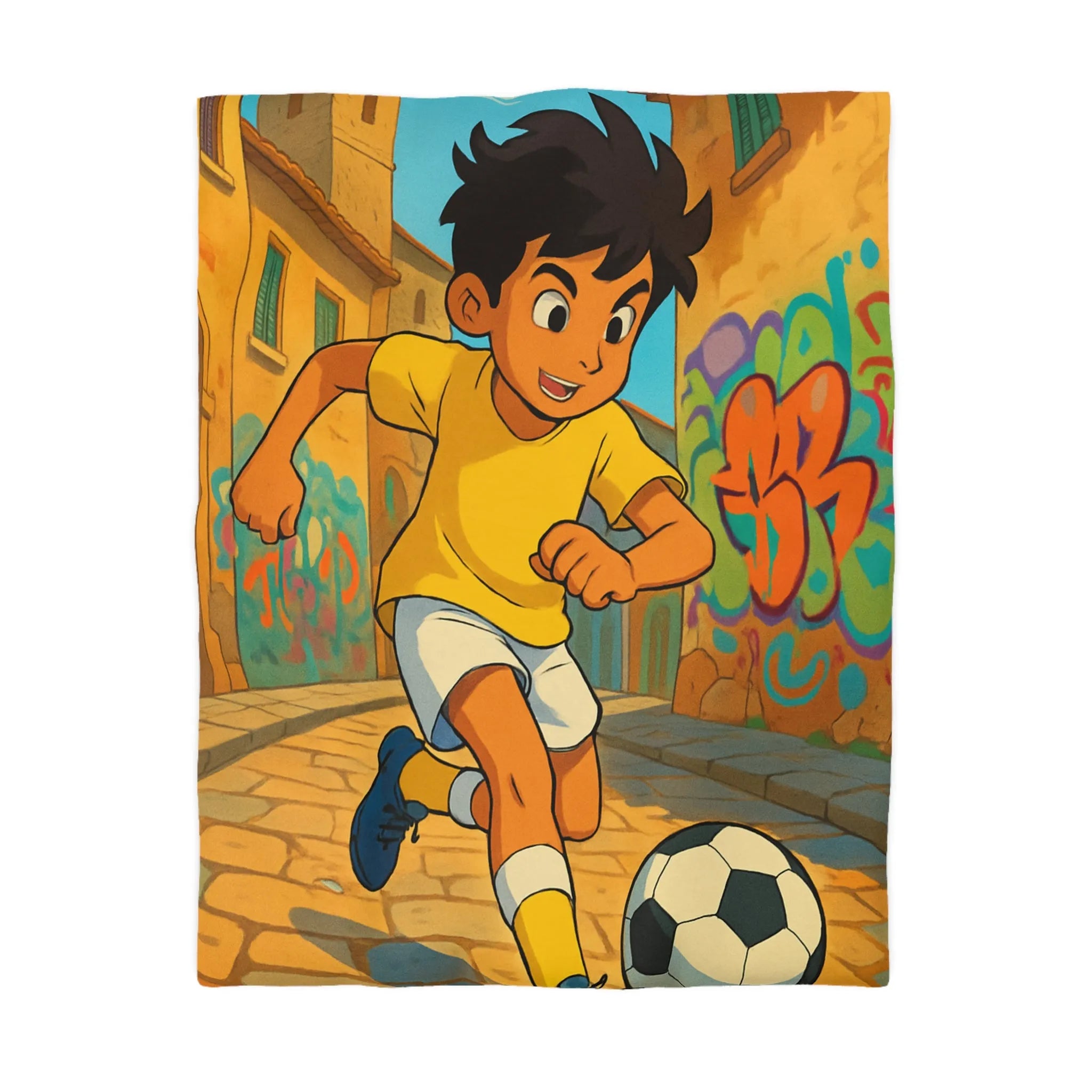 Housse de couette jaune enfant illustrant garçon jouant au football dans une ruelle colorée